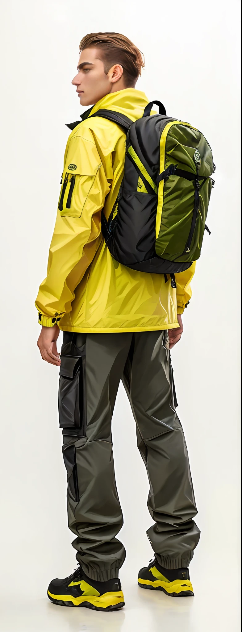 Man in yellow jacket and green pants with backpack, um homem usando uma mochila, usando equipamento de aventura, roupas de caminhada, 🤬 🤮 💕 🎀, Vista de altura total, com uma mochila, saco sobre a cintura, Techwear Look e Roupas, esquema de cores amarelo e oliva, imagem vazada, pano de fundo, trending on r/techwearclothing