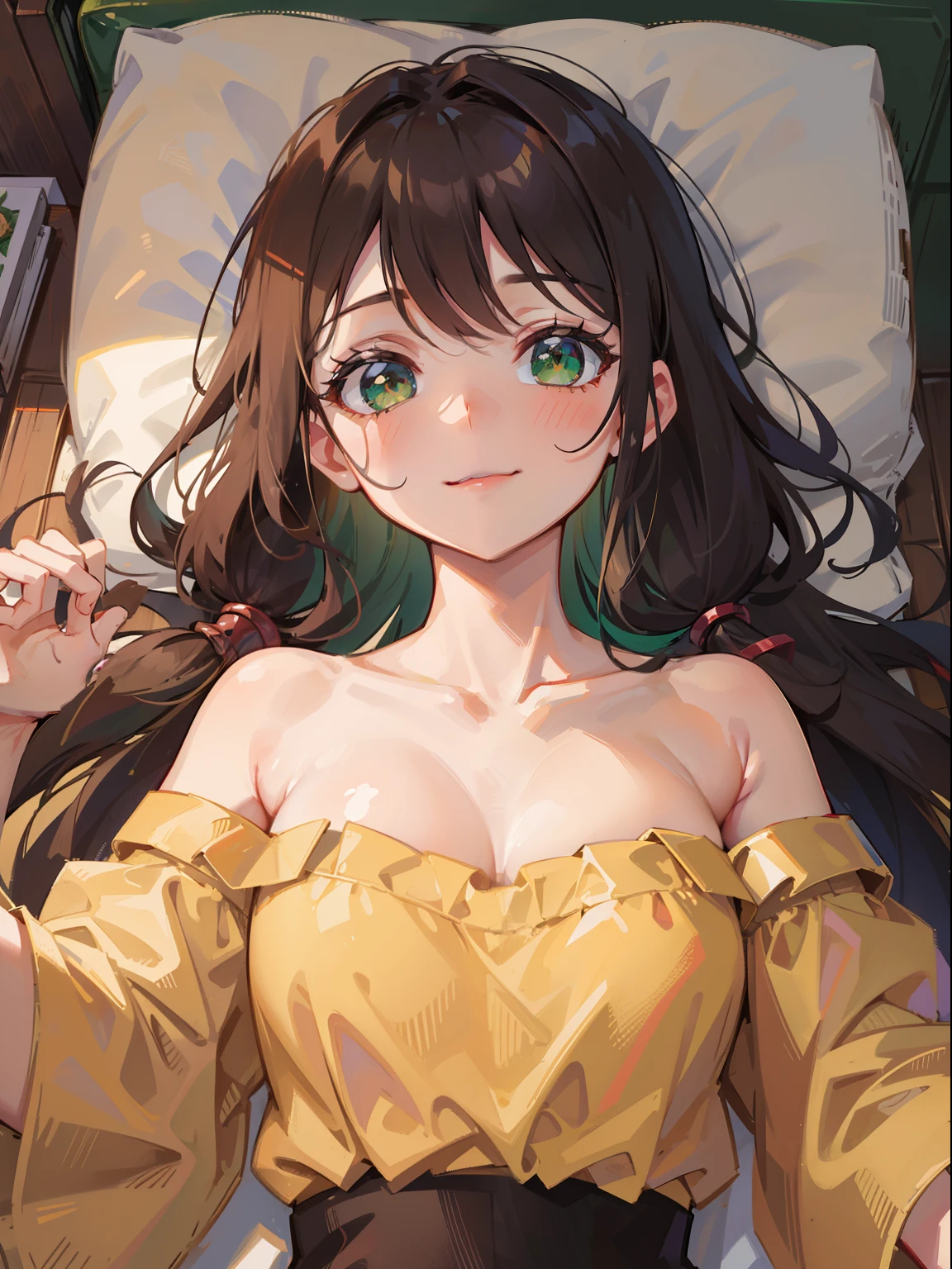masterpiece), best quality, beautiful detailed hair detailed face, ultra high res, sharp focus, ((1 woman, solo)), perfect feminine face, upper body, close up, (warm pastle tone color), in the bedroom, (lying on back in the bed), (from above), chesnut brown hair, ((beautiful shape eyes, green eyes)), look at the viewer, long hair, smiles warmly, (bare shoulder:1.2)