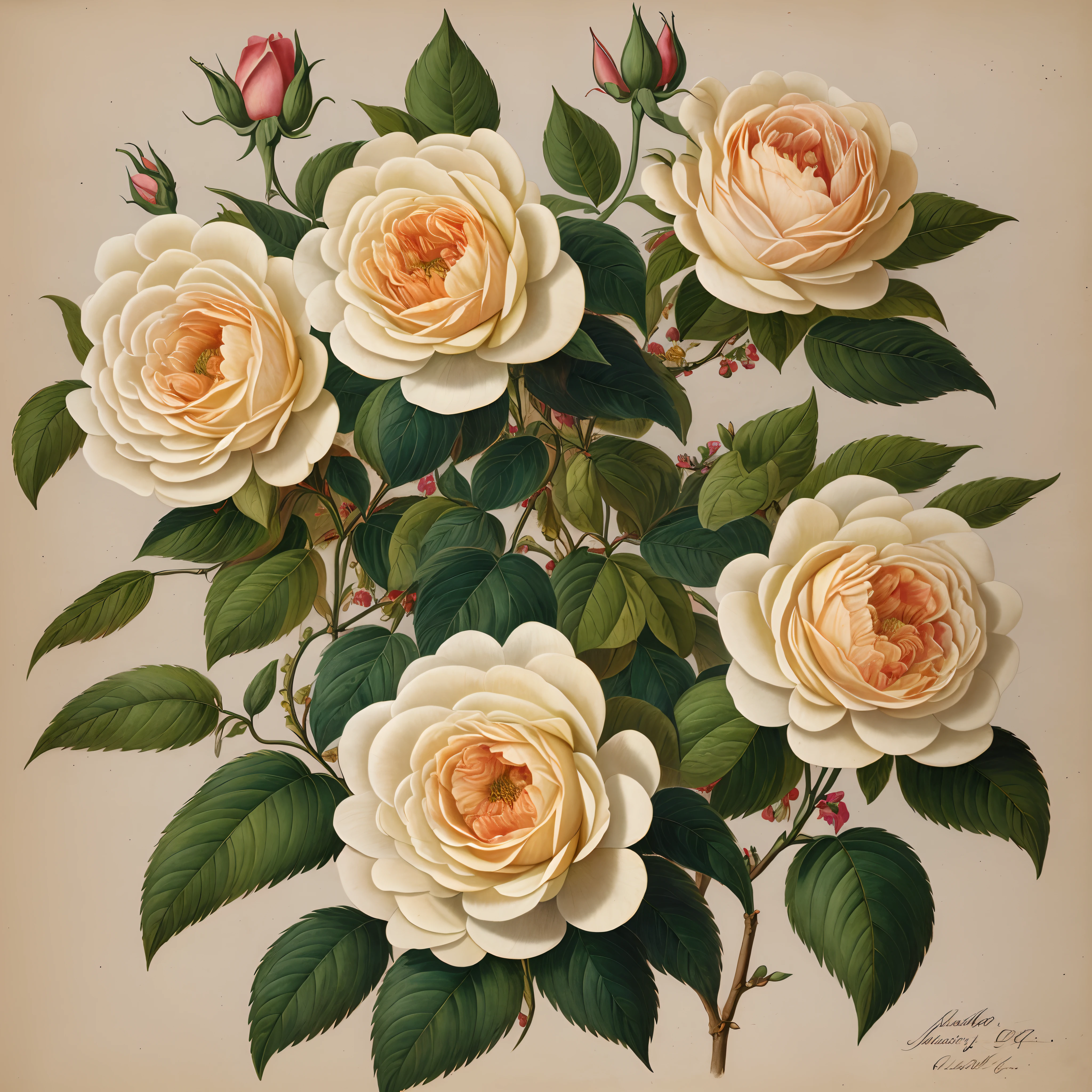 (best quality:1.2), (detailed:1.2), (masterpiece:1.2), vintage botanical illustrations of Larger Provence Rose (1770 1775) in high resolution by John Edwards