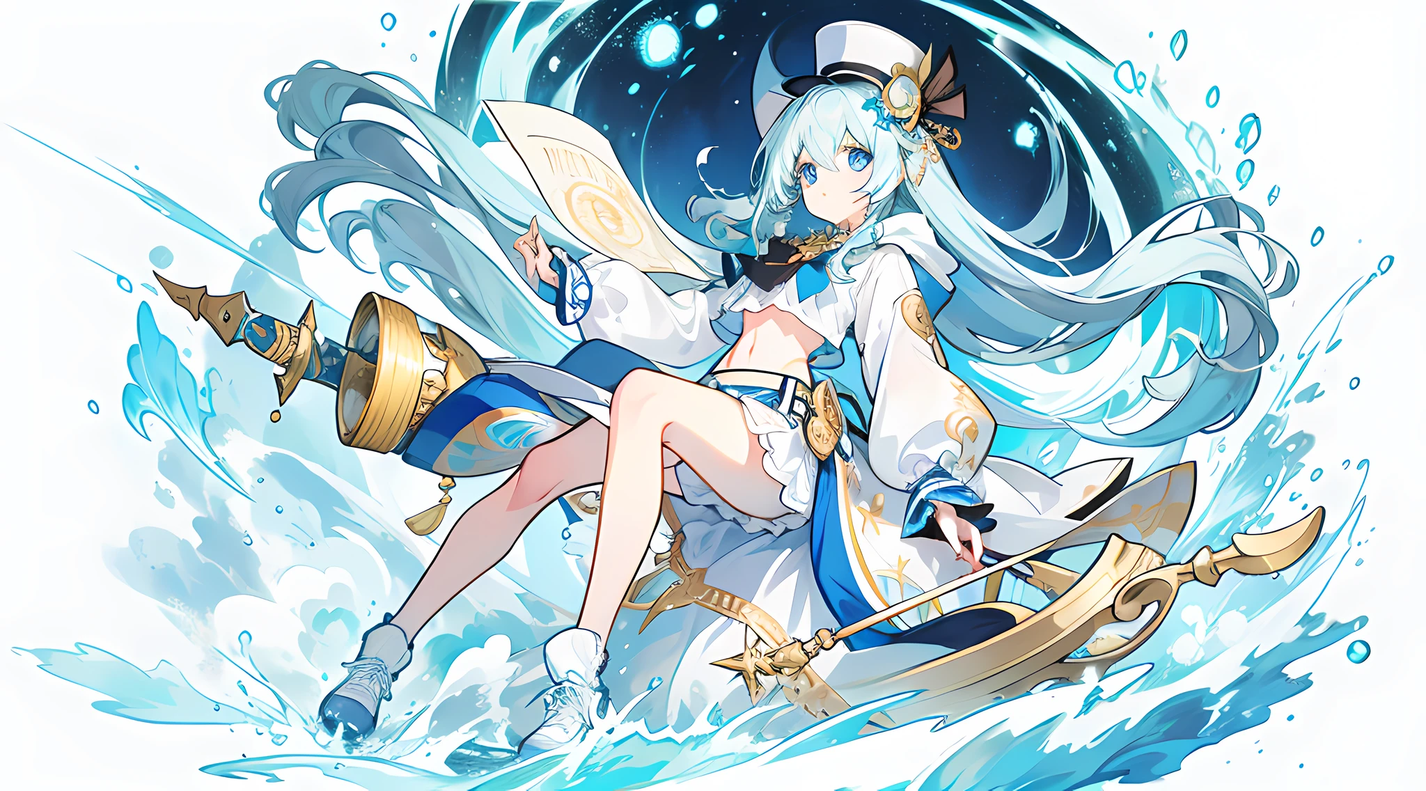 chiquita,long whitr hair,flowy,Light blue hair color,Dull hair,largeeyes,laughingly,eBlue eyes,Gold-framed monocle,White hoodies,teens girl,smallunderboob,Recline on snowy landscapes,White-gold trimmed miniskirt,black leg rings,athletic sneakers,Ark of Tomorrow painting style,Pixiv score is high。Big white top hat with a gold rim,Close-up
