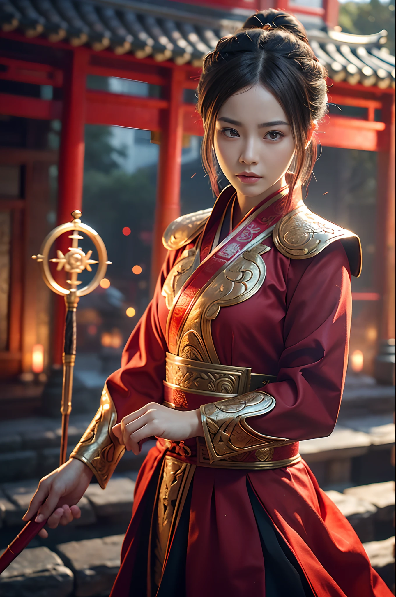 Best Quality, Masterpiece, Ultra High Resolution, (Realistic: 1.4), Xiuxian, Weapon, Detail Face,
1 girl, red clothes, solo, weapon, (magic circle: 1.2), Xiuxian, upper body, beautiful girl, half, East Asian architecture, sheath, construction,