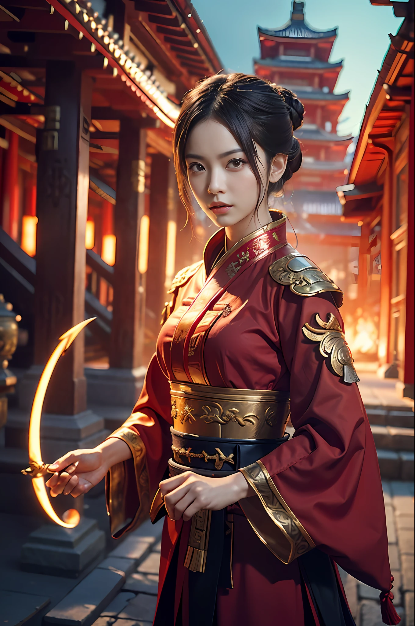 Best Quality, Masterpiece, Ultra High Resolution, (Realistic: 1.4), Xiuxian, Weapon, Detail Face,
1 girl, red clothes, solo, weapon, (magic circle: 1.2), Xiuxian, upper body, beautiful girl, half, East Asian architecture, sheath, construction,