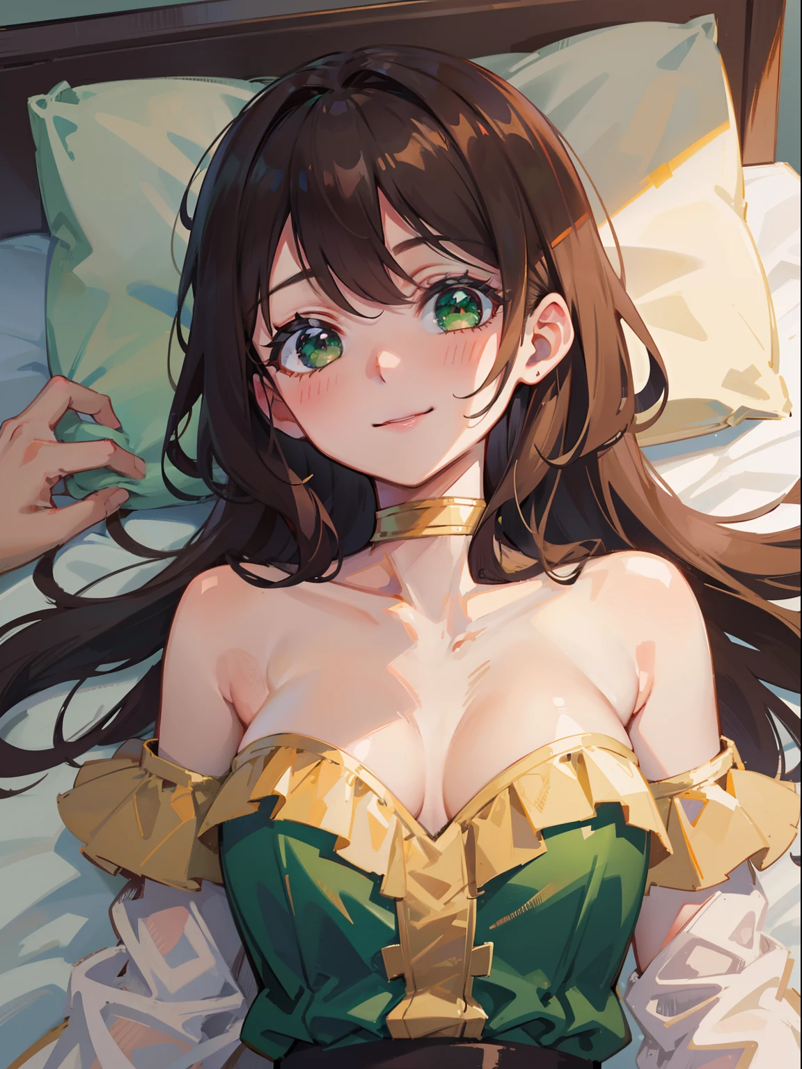 masterpiece), best quality, beautiful detailed hair detailed face, ultra high res, sharp focus, ((1 woman, solo)), perfect feminine face, upper body, close up, (warm pastle tone color), in the bedroom, (lying on back in the bed), (from above), chesnut brown hair, ((beautiful shape eyes, green eyes)), look at the viewer, long hair, smiles warmly, (bare shoulder:1.2)