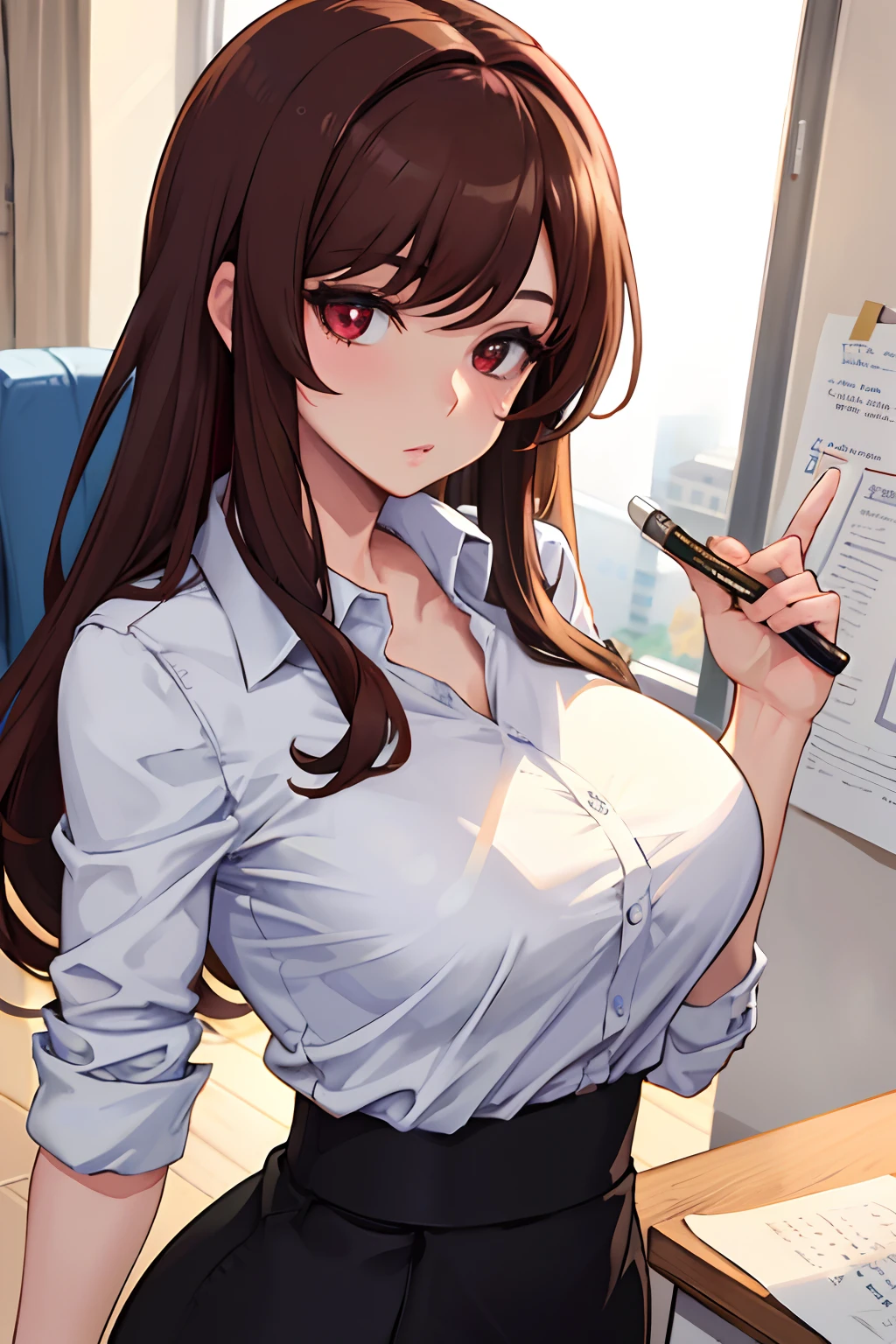 beautiful, (masterpiece:1.2), (best quality:1.2), perfect lighting, perfect eyes, perfect face, 1girl, solo, indoors, warm colors, office, office clothing, red eyes, brown hair, voluptuous, upper body