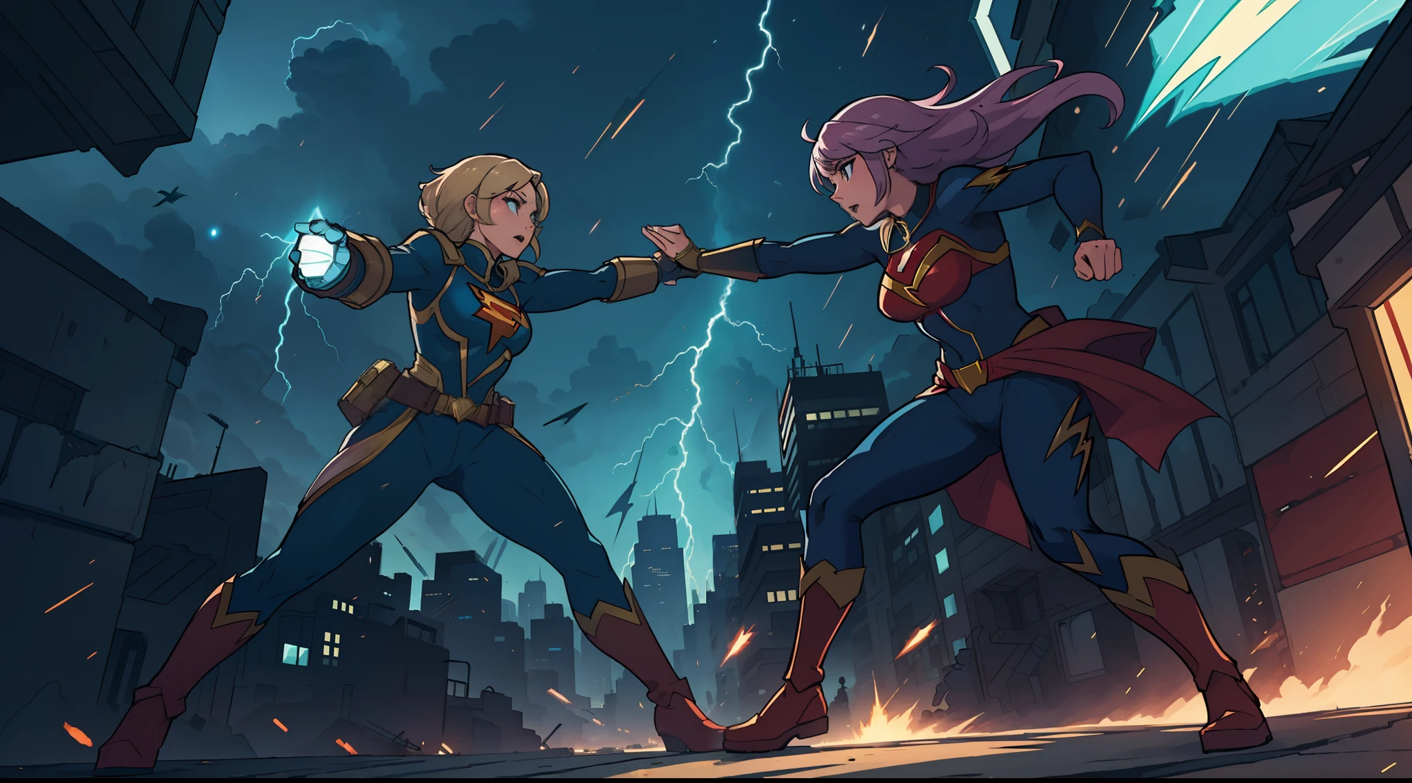 A beautiful and powerful heroine is fighting with a super villain in a big and fancy city, action scene, superpowers, full body shot, daylight, lightning light, high definition, Ultra Quality, 8k, masterpiece, intricate details, volumetric light, dynamic compositing