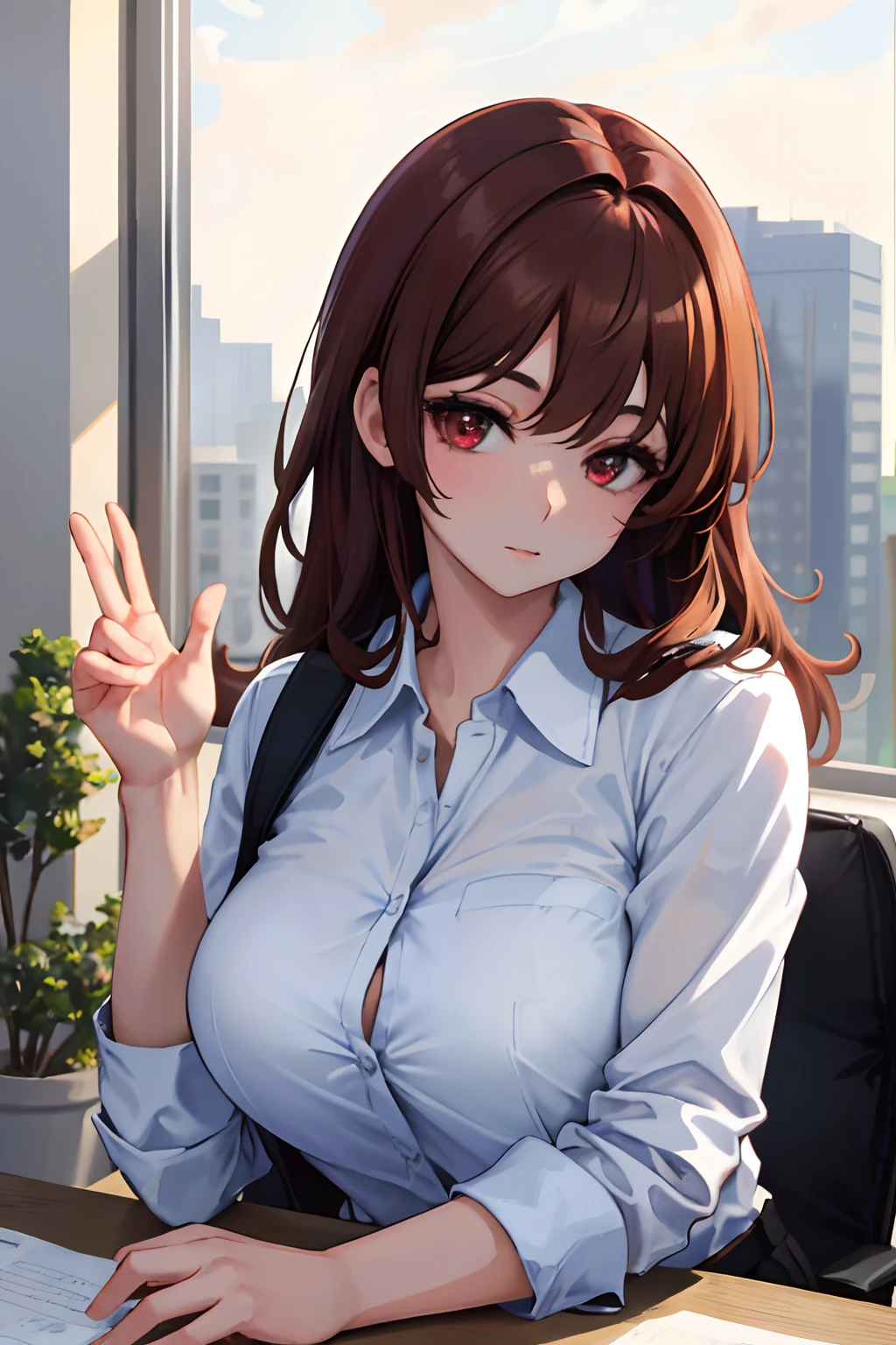 beautiful, (masterpiece:1.2), (best quality:1.2), perfect lighting, perfect eyes, perfect face, 1girl, solo, indoors, warm colors, office, office clothing, red eyes, brown hair, voluptuous, upper body