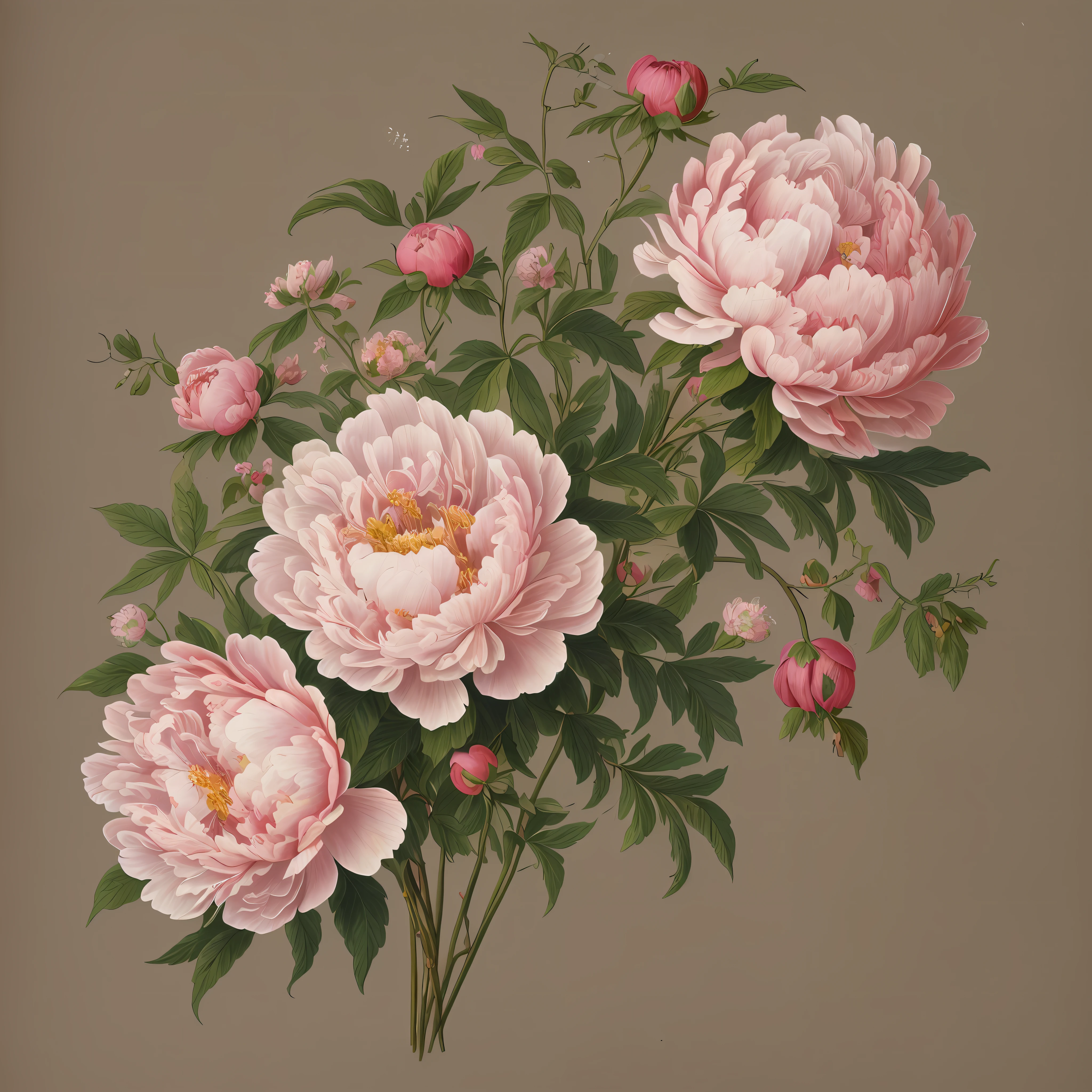 (beste-Qualit: 1.2), (Detailed: 1.2), (tmasterpiece: 1.2), Vintage botanical illustrations of peonies pink, bouquet (1770-1775) in high resolution by John Edwards