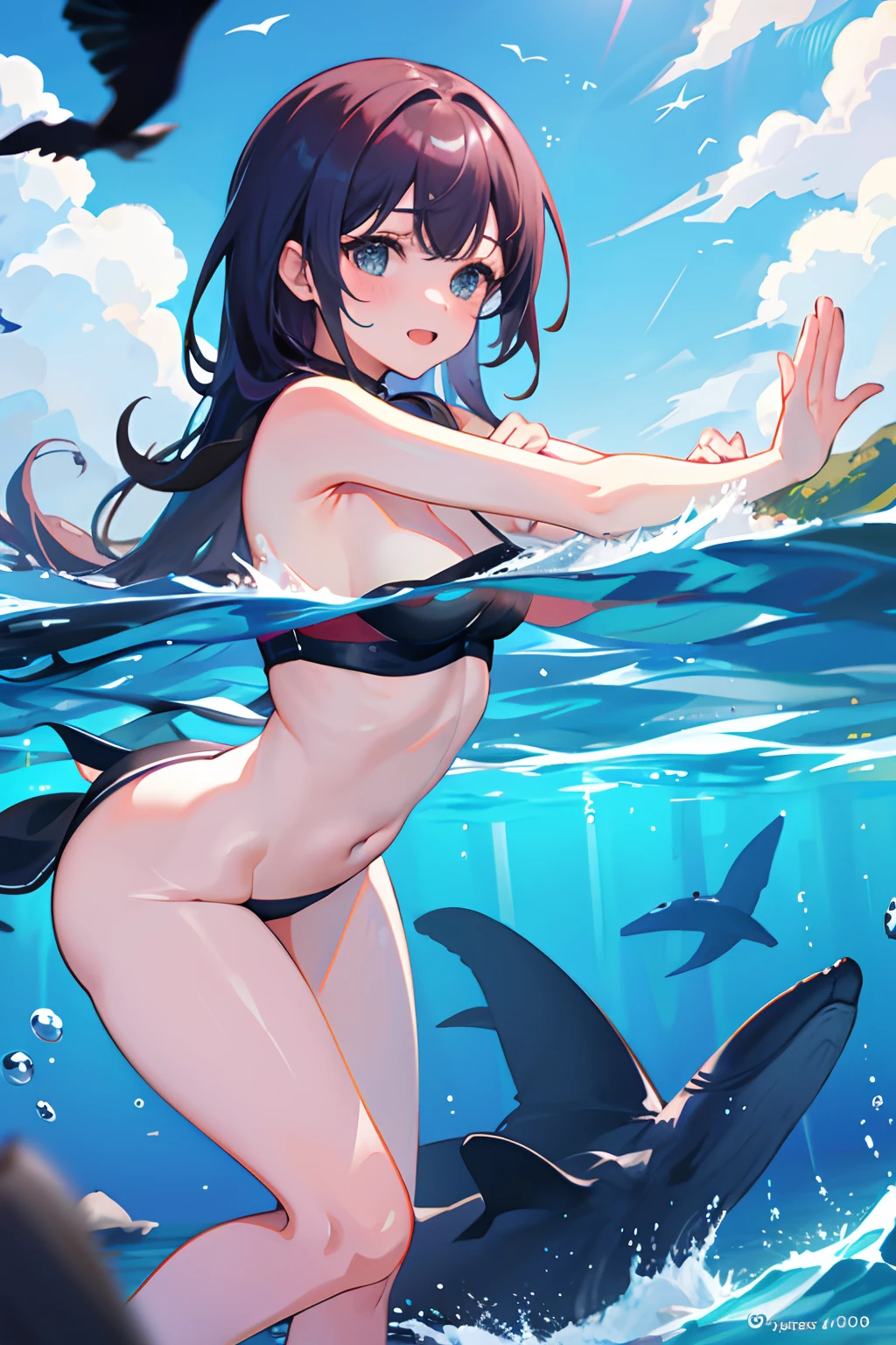 1girll,whales,End,Ocean nakedback