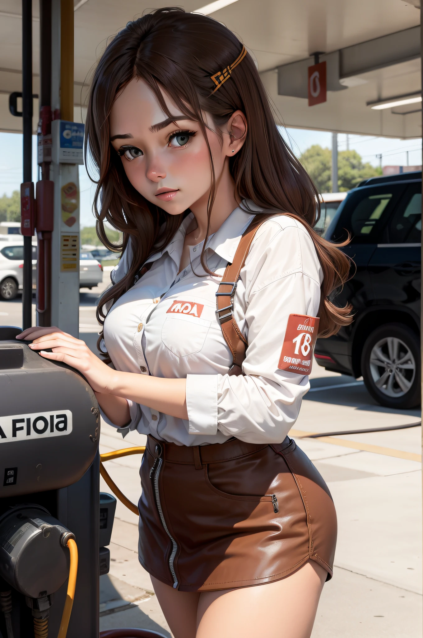 Brown-haired, up-style gasoline goddess working part-time at a gas station