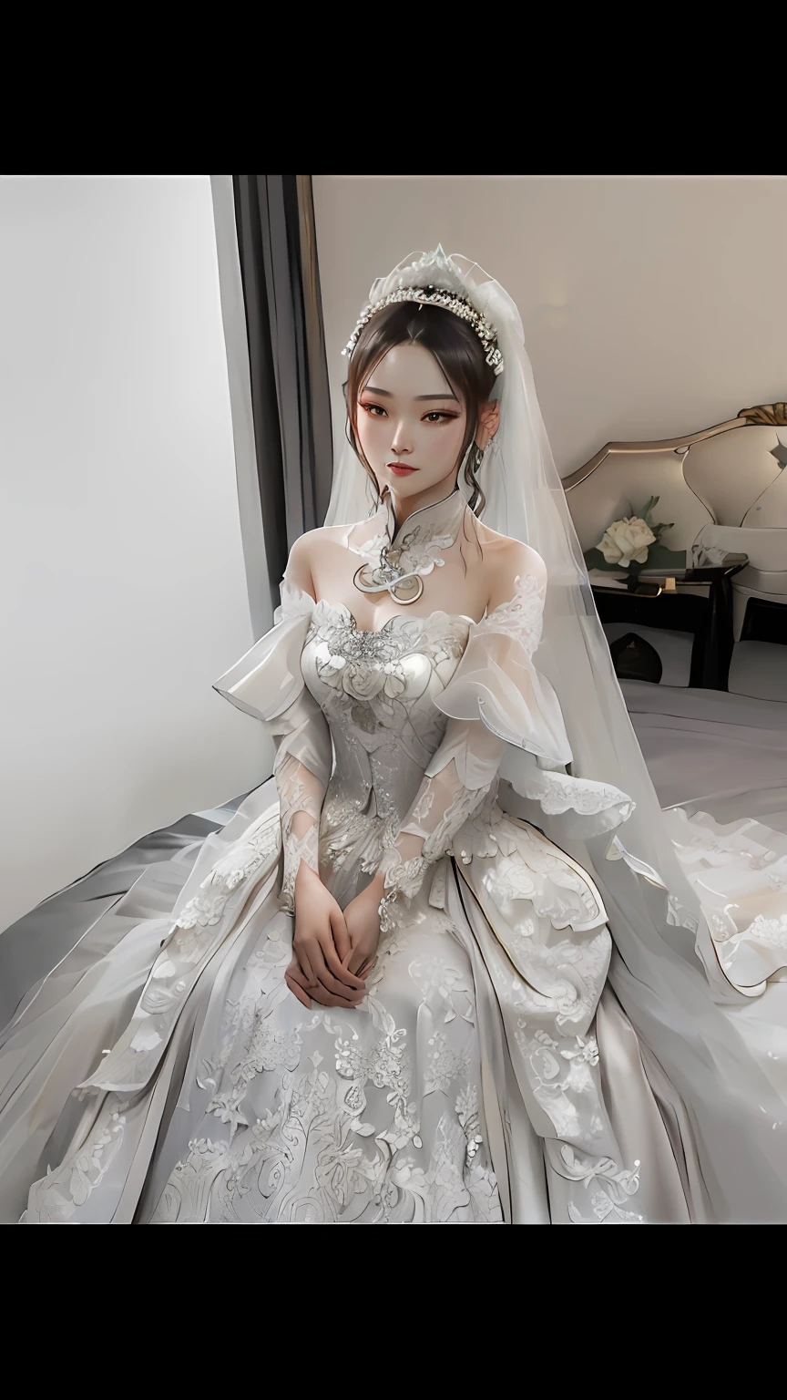 Close-up of a woman in a wedding dress sitting on bed, shaxi, Gorgeous lady, Luxury dress, wenfei ye, Ancient sword, dreamy dress, yanjun cheng, Wedding dress, jinyiwei, wei wang, zmonzheng, expensive voluminous dress, Wearing a wedding dress, luxurious wedding, full-body xianxia