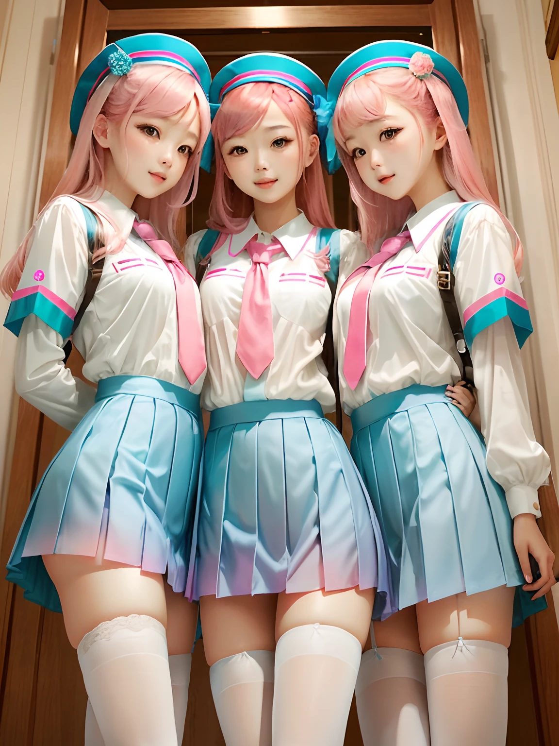 girls,A pink-haired,Height one meter five,Blue miniskirt,White color blouse,Gradient stockings,Get drunk。
