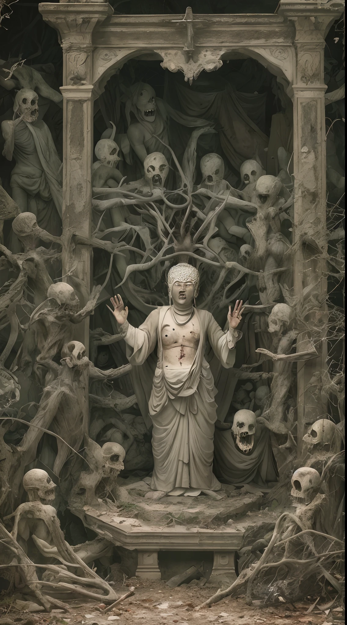 In a terrifying landscape deep in an abandoned village、There is an altar enshrined with an impromptu Buddha that gives off a creepy feeling.。Around the altar、Trees with eerie and distorted shapes々Overgrown、Its shadow creates a terrifying atmosphere。On the altar、Parts of human remains based on the Callivanist faith are enshrined.、The internal organs are exposed.、The strange figure is as if it came from hell。The worshippers of the altar、Worship the body with eyes full of madness、Their expressions reflect deep madness and sadistic amusement。With high resolution picture、The eerie smile and terrible state are realistically depicted.。This sight is、Callivanism faith and horror、A crazy world with psycho elements、Expressed by live-action ultra-high-quality images