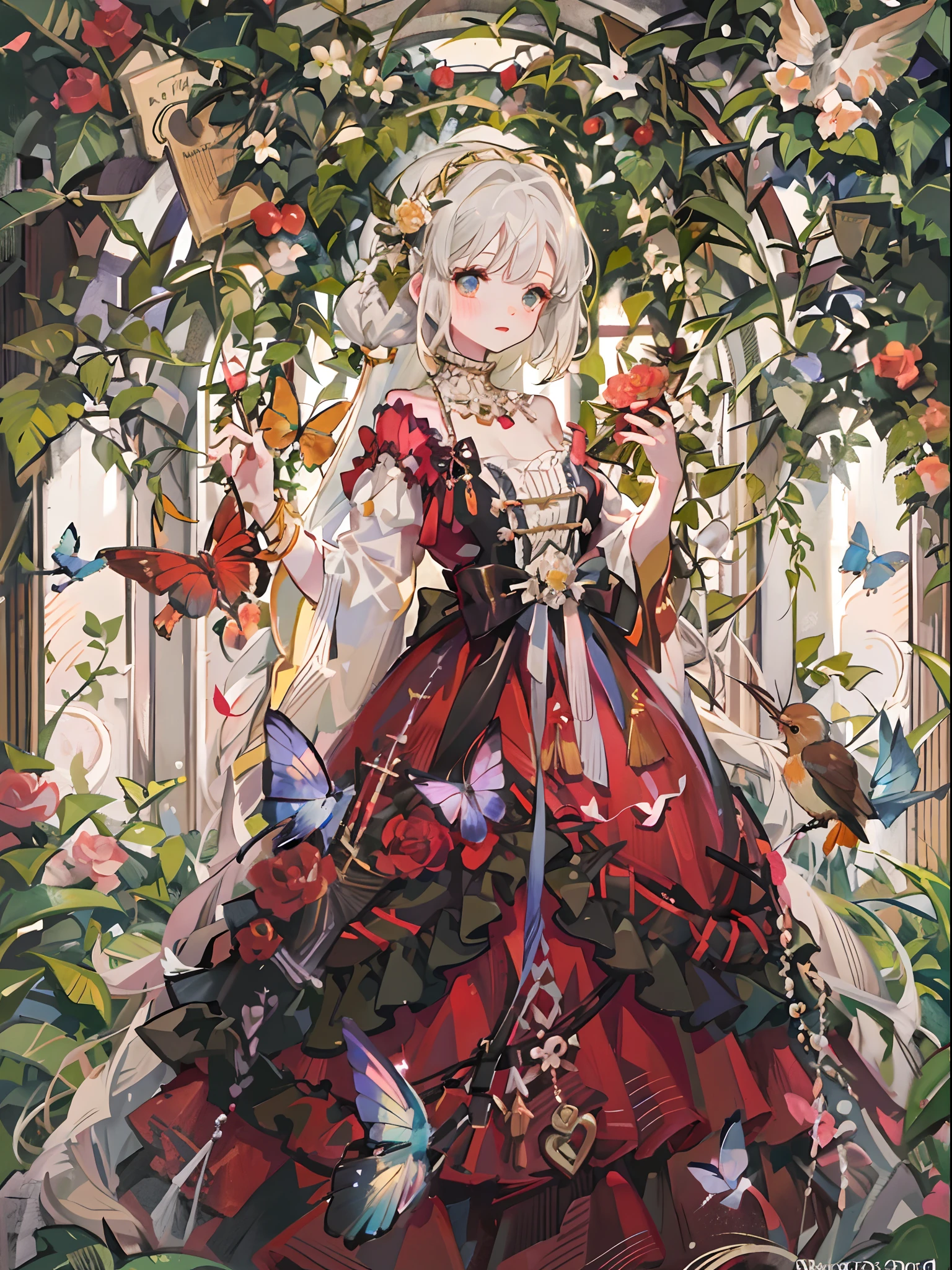 Flying butterflies，Fluttering petals，Fluttering hair，softlighting，soft focus，Hazy picture，Huge stained windows，The windows are transparent，1girll，Golden birdcage，Thorny vines，Red butterfly，mitts，（very intricate），Exquisite，Complex hairstyles，long  skirt，RococoStyle，Bow knot，Cross straps，Gorgeous dress，Large skirt，frilld，Love decoration，（Elegant vintage clothing design），rosette，whaite hair，long  white hair，The brightness of the picture is high，Low contrast，The overall feeling is like an oil painting，trpical garden，Close-up，Close-up Shot Shot，Pedras preciosas，jewelled headdress，pearls necklace