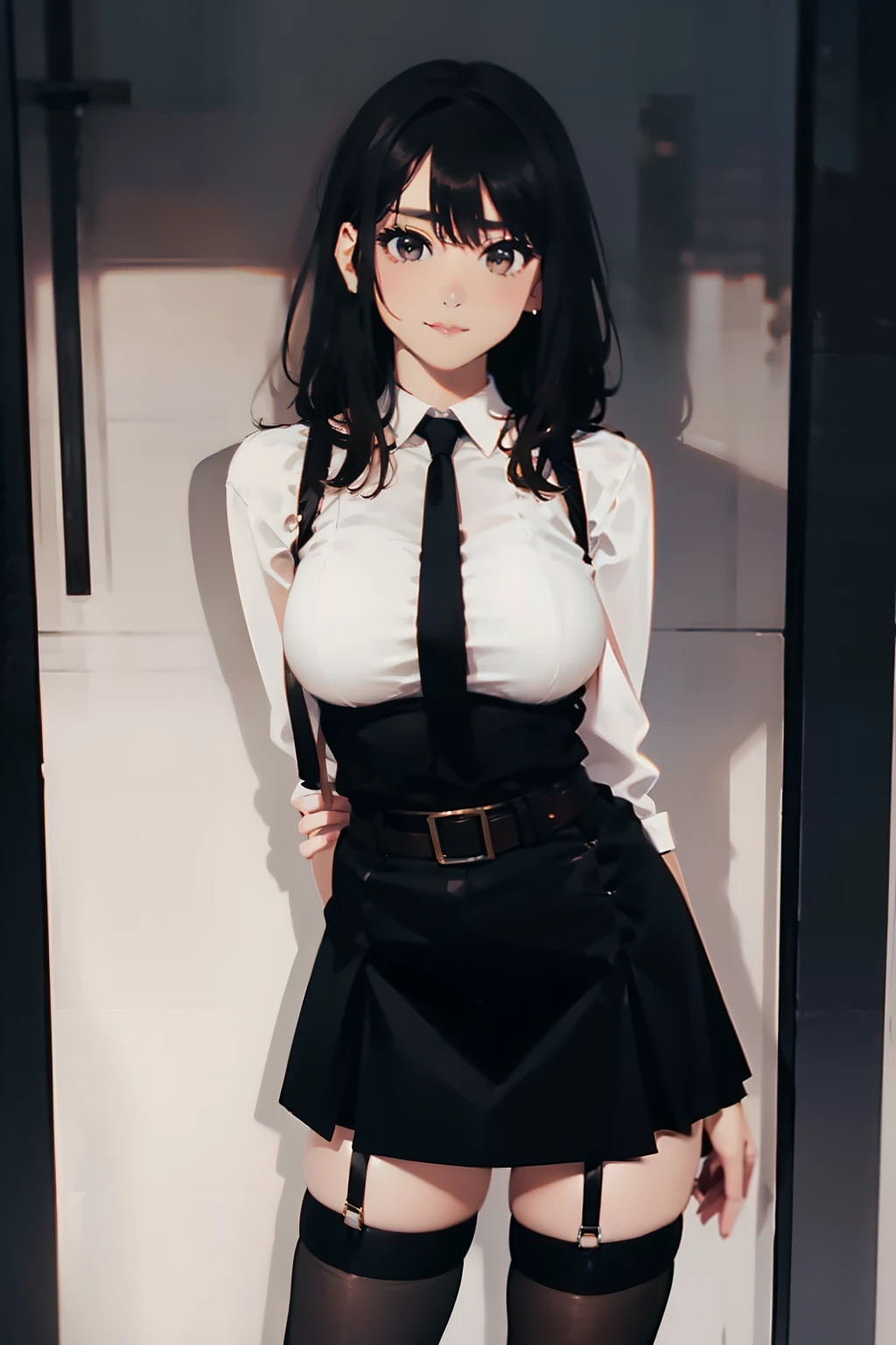 a belt　　　　　suspenders　　a black skirt　neck tie　Black tank top　　　　Black stockings　　　　Brown hair　long　Gray eyes　　holster　　Garter belt on the legs 　　　　large full breasts　　Fold your hands behind your back　Get hungry　Colossal tits　Pichi Pichi clothes