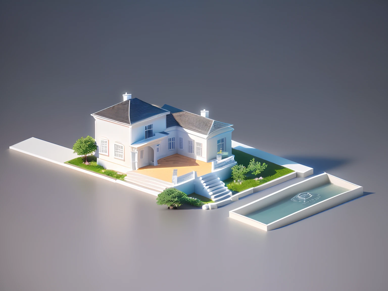 There is a small white house with stairs and doors, isometric view from behind, iso-distance view, 2 d axonometric overhead view, iso-distance view!!!!, isometric perspective view, 2 d overhead view, isometric 3d render, isometric viewpoint, axonometric, isometric top down left view, 3d rendered model, isometry