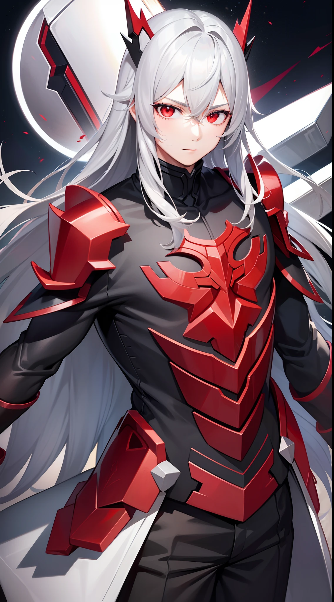 young boy, long gray hair, red eyes, The Iron Mantle of Cybertron, open torso, Iron horns, Masterpiece, hiquality