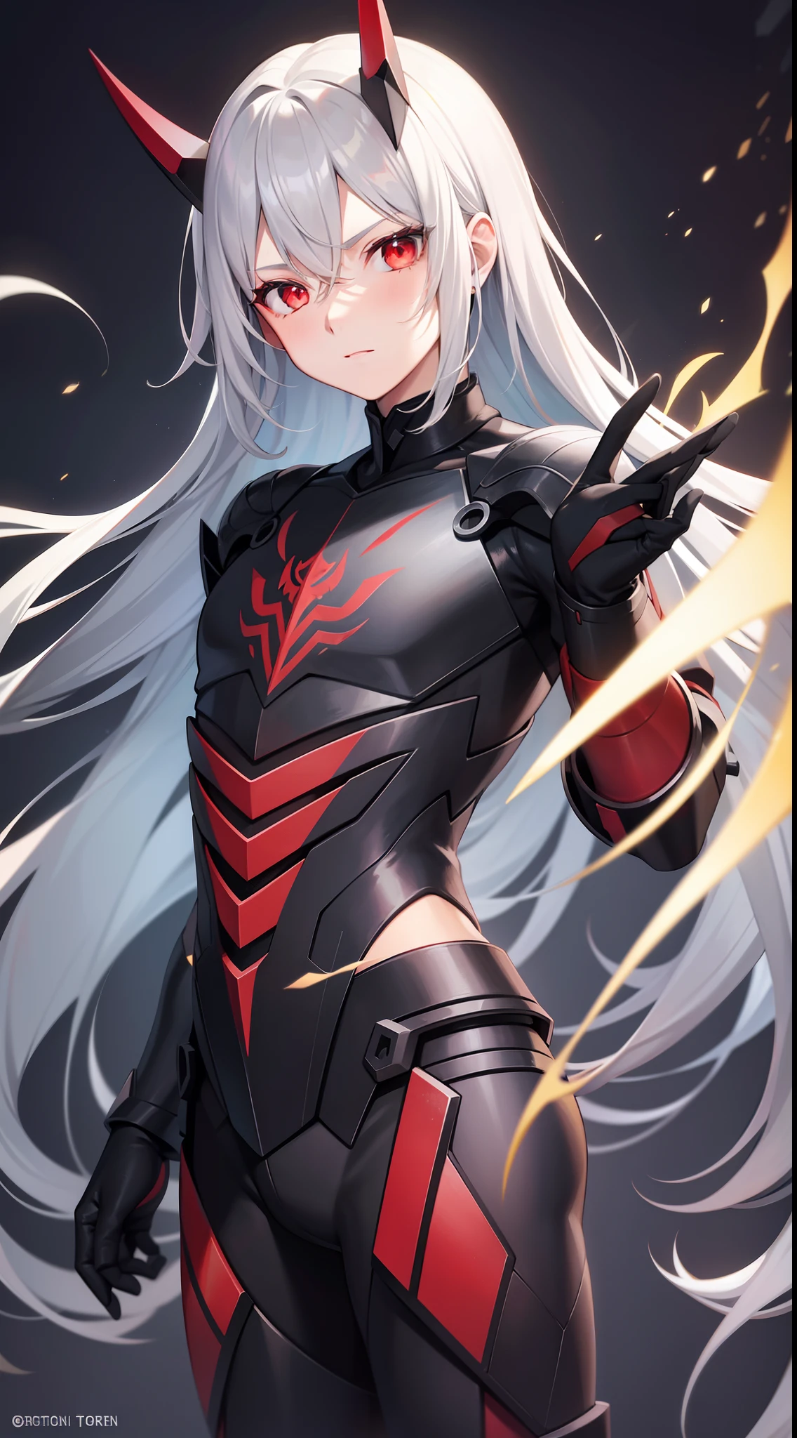young boy, long gray hair, red eyes, The Iron Mantle of Cybertron, open torso, Iron horns, Masterpiece, hiquality