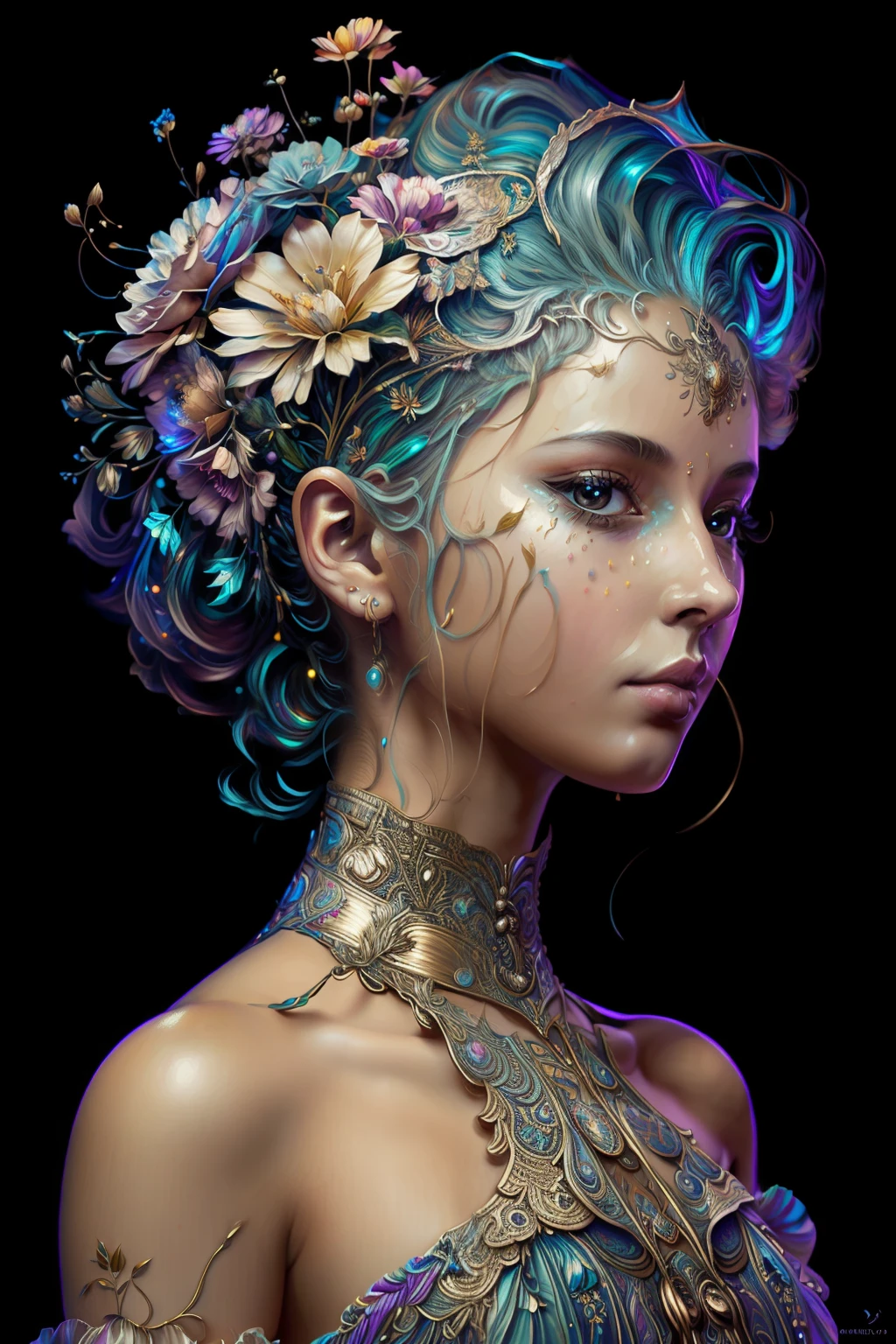 Pintura digital de una mujer joven con un tocado florido ,Arte de Alberto Severo, salpicaduras y gotas congeladas multicolores, dream, Pintura digital surrealista , brillos tornasolados, efectos 3D, Ultra HD, obra de arte magistral ,cinematic lighting,16k Arte digital 4K altamente detallado, Pintura digital intrincada, Arte digital detallado 4K, Gran arte digital con detalles, amazing detail digital art, Arte digital extremadamente detallado, Arte digital altamente detallado, amazing digital art, Awesome Digital Illustration, hyperdetailed fantasy character, Arte digital hiperdetallado, Arte digital demasiado detallado