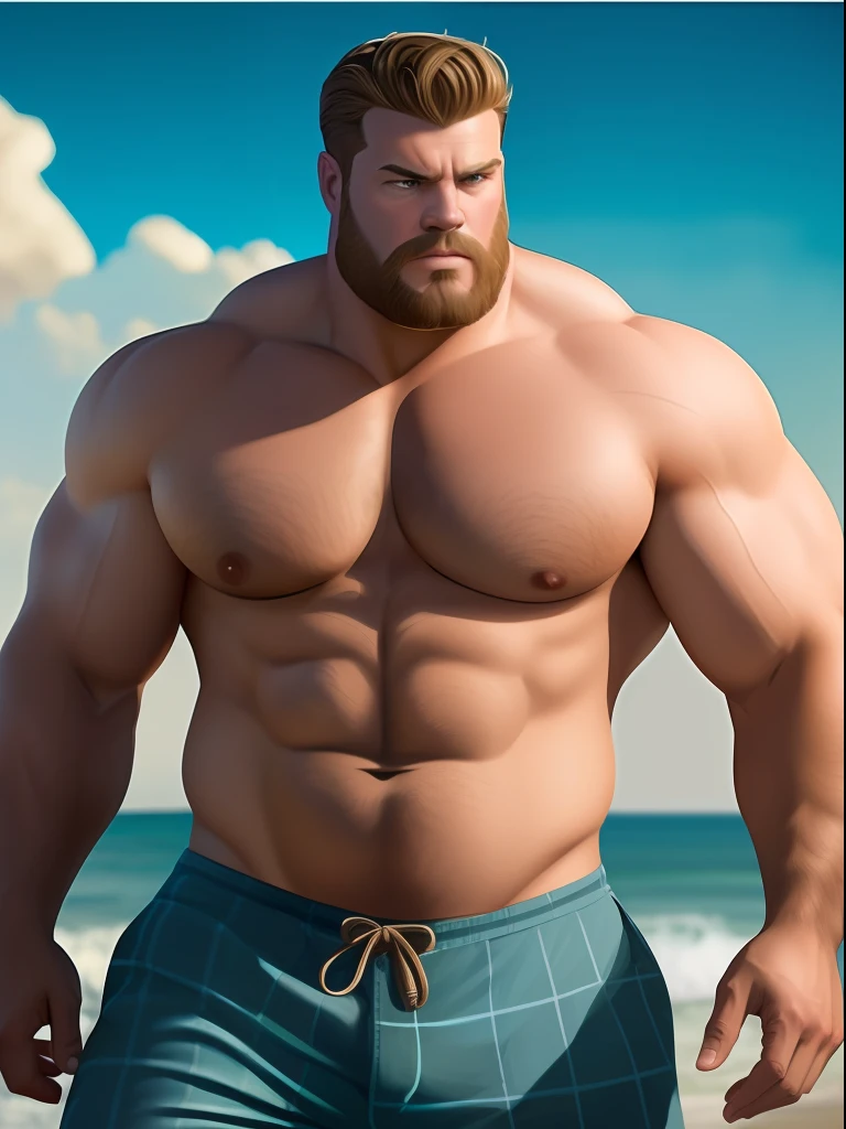 Masterpiece, a extremely realistic photo of an insanely handsome 50s attractive fisherman by the ocean, full body, big beefy man, ripped checkered, exposed body, raunchy, toned body, beach, summer, sunny, running, action scene, soft lighting, muscular, extremely charming, kind smirk, dimple, fishing tools, boats, fish by  Craig Mullins, Greg Rutkowski, painterly style, central composition, huge bulge, big hands, big feet, big nose, blonde hair, insanely handsome.