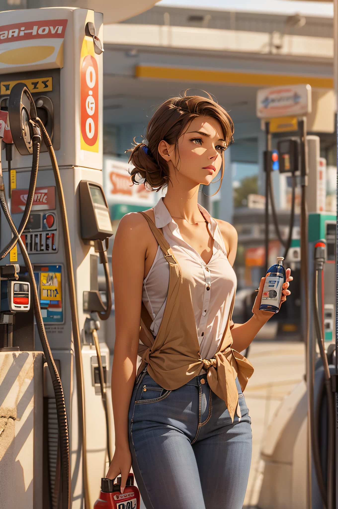 Brown-haired, up-style gasoline goddess working part-time at a gas station
