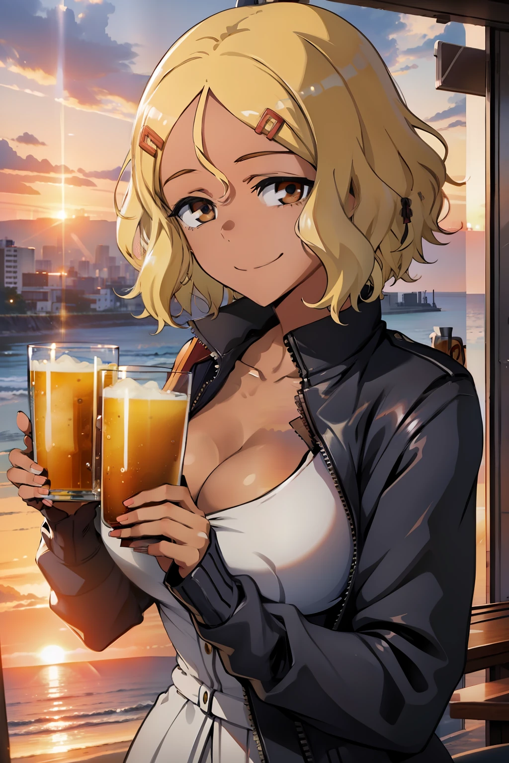 Incredibly Absurd, Best Quality, Free Fit, Anime Character, Girl, 18 Years Old, Gyaru, Tomboy, Black Skin, Blonde Hair, Mordred Haircut, Blue Eyes, Milf, Big Breasts, Topless, , Beutifull Mamils, Happy , sensual , smiling, holding glass of beer on the beach, 4k (detailed background with cool sunset). CG, unity, 4k wallpaper, highly detailed