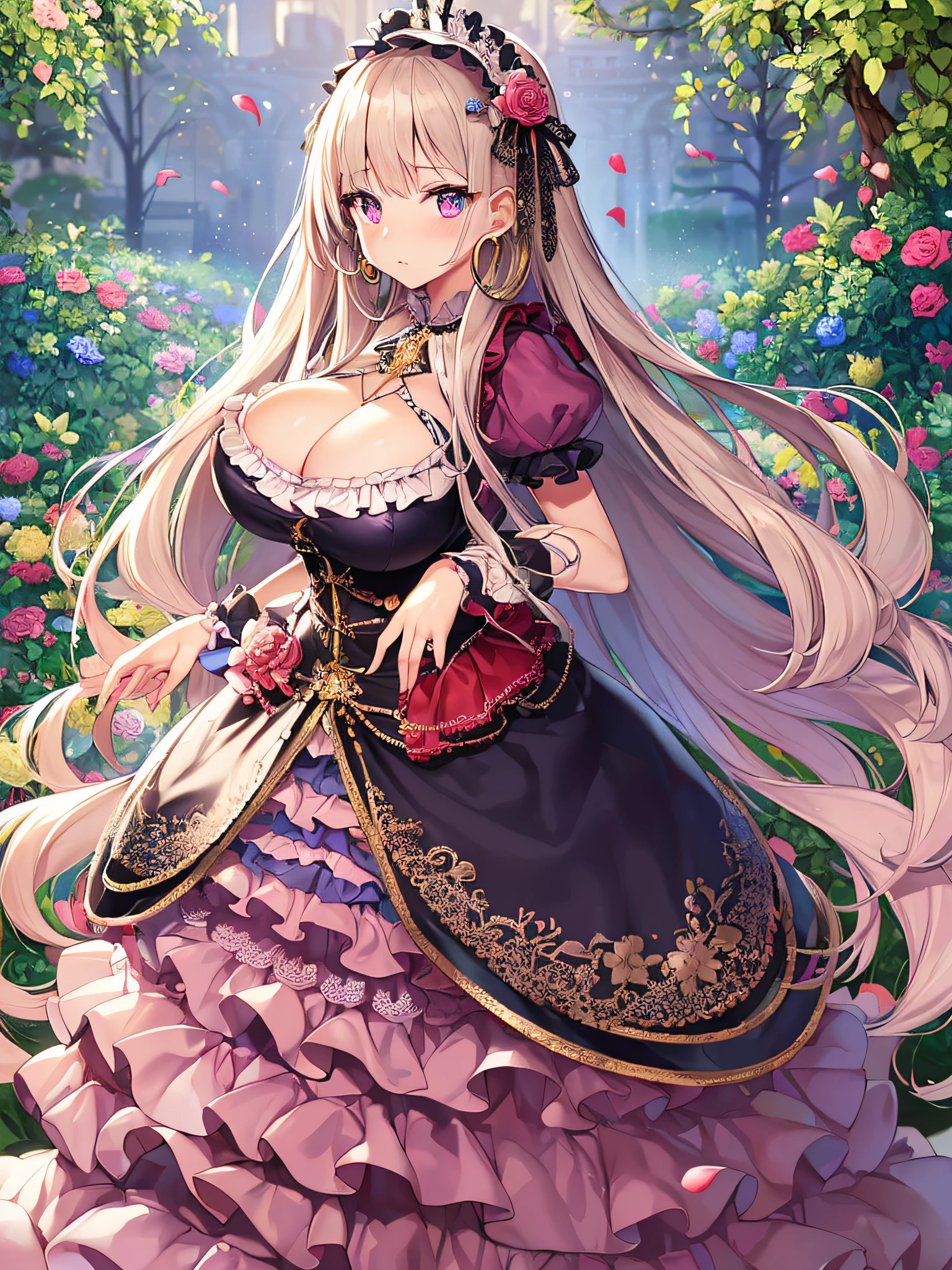 ((anime artstyle)),(Masterpiece),(Best Quality), (Super Detail),((Very Delicate and Beautiful)),(((Solo))),((full body)),(((1 princess in sweet lolita dress with voluminous full length hoop skirt))),((standing in garden)),Long train,(bling-bling gorgeous gemstone jewelry),detailed face and eyes,jewel-like eyes,cry,((large amount of straight hair,extremely voluminous Very Long Straight Hair)),((gigantic tits,Long tits)),cleavage,(gorgeousfull embroidery and lace),gorgeous corsage,See-through,((extremely gorgeousfull lolita hair ornament)),bling-bling extremely gorgeousfull jeweled tiara,ornate ruffles,beautiful embroidery,(hoop skirt,crinoline),flowers, flower petals flowing,((Dynamic Angle)),Looking at viewer,((full body)),sweet lolita dress with voluminous full length hoop skirt