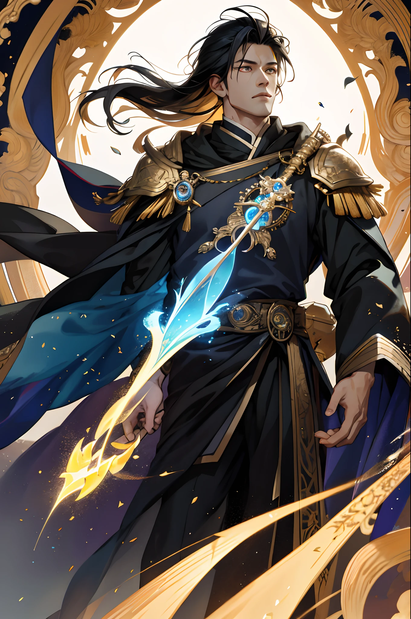 (hoang lap,A high resolution,ultra - detailed),1 male,mature,Idade,handsome,tall muscular guy,a broad shouldered,Very short hair,Undercut,Sapphire eyes,longer sleeves,Fine eyes and detailed face,the Extremely Detailed CG Unity 8K Wallpapers,Complicated details,(style-swirlmagic:0.8),sportrait,head looking up,独奏,Half shot,detailedbackground,(Warhammer fantasy theme:1.1) evils,focus-on,pursing lips,Hover in the air,(Color waves),Floating crystals,dynamicposes,Colorful robes,hair flowing in the wind,Magic Hourglass,arcane spell,supernatural power,Grim dark reality lighting,dark castle in the background,