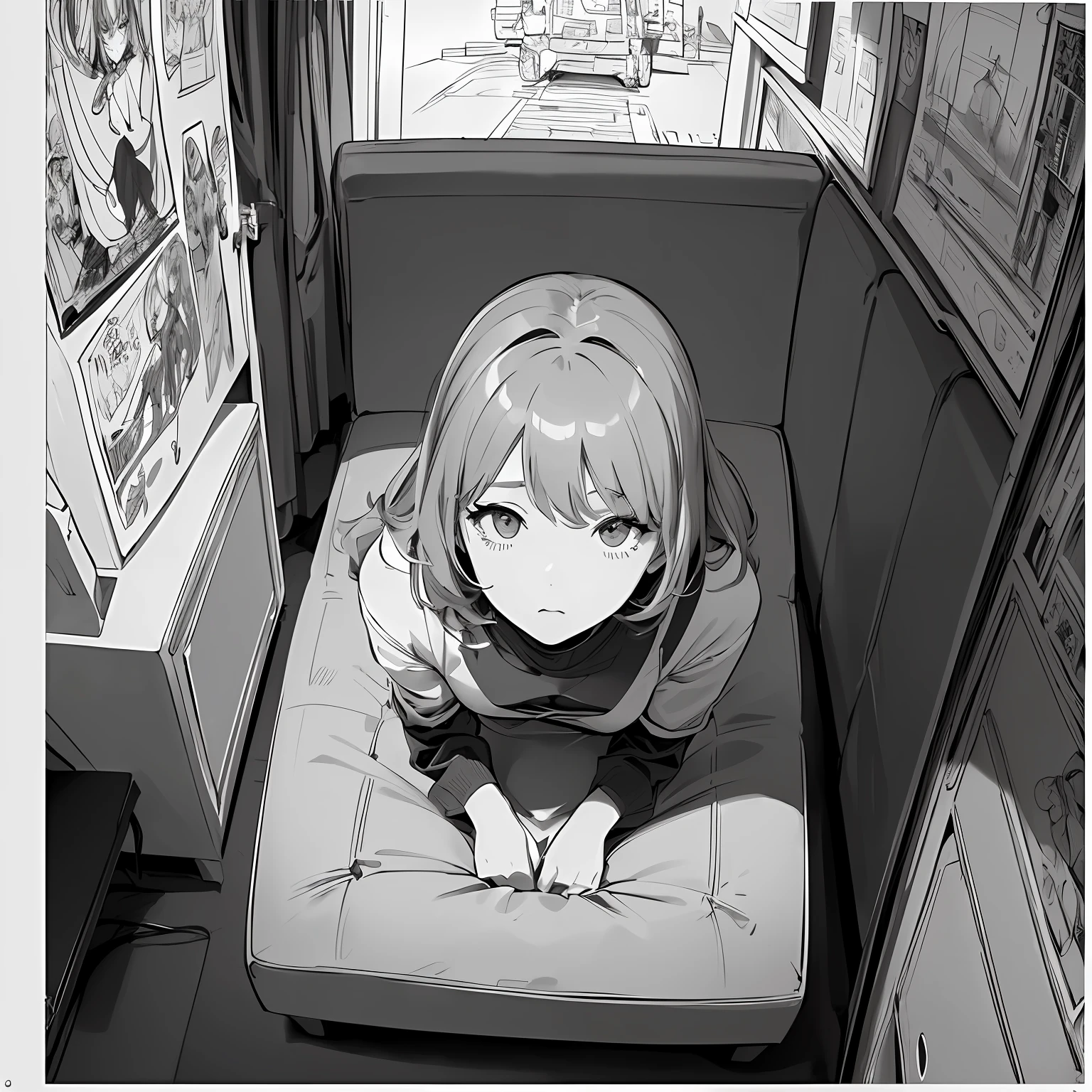 ​masterpiece、top-quality、High-quality images、8K、　　((unmanned、Background with、Accurate perspective、line-drawing、Contour extraction、Monochrome grayscale、Moderate shading、Medium omission、Comic style、)):1.4　((livingroom))1.5