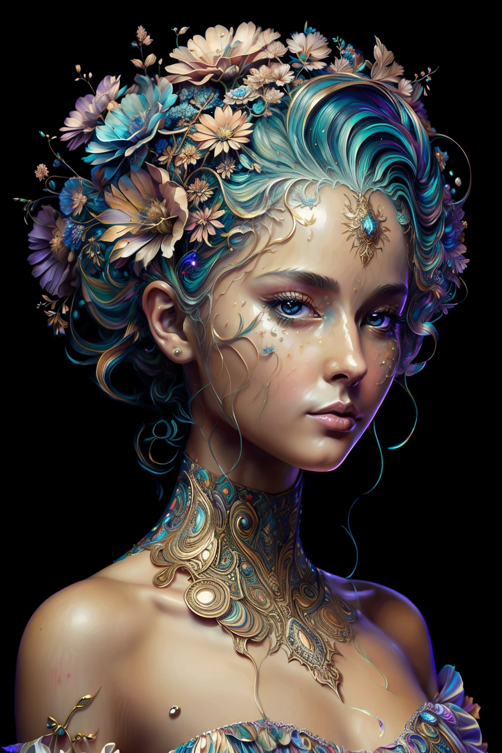 Pintura digital de una mujer joven con un tocado florido ,Arte de Alberto Severo, salpicaduras y gotas congeladas multicolores, dream, Pintura digital surrealista , brillos tornasolados, efectos 3D, Ultra HD, obra de arte magistral ,cinematic lighting,16k Arte digital 4K altamente detallado, Pintura digital intrincada, Arte digital detallado 4K, Gran arte digital con detalles, amazing detail digital art, Arte digital extremadamente detallado, Arte digital altamente detallado, amazing digital art, Awesome Digital Illustration, hyperdetailed fantasy character, Arte digital hiperdetallado, Arte digital demasiado detallado