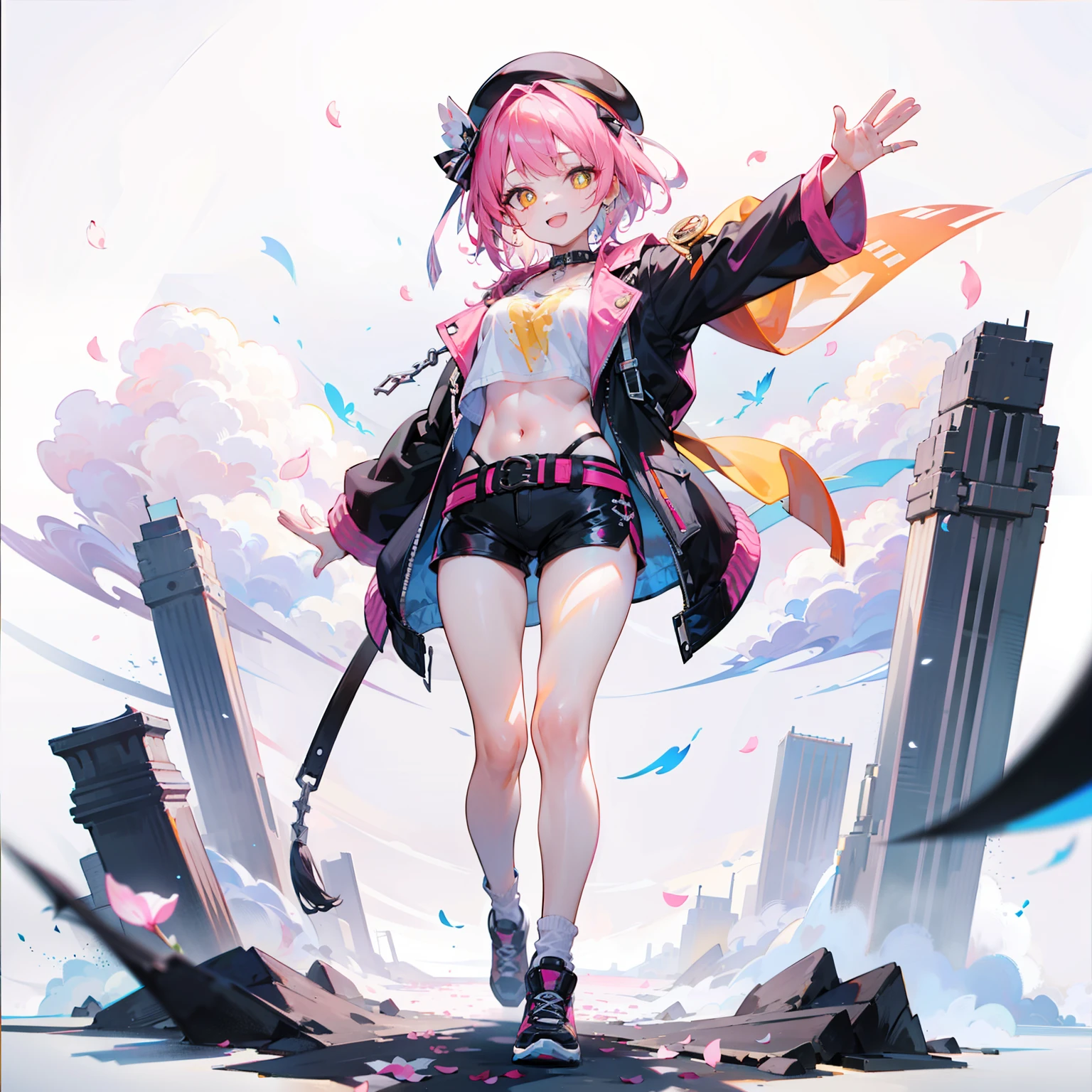 1girll，独奏，[[[full bodyesbian]]]，standing on your feet，（pink short hair），(Heads-up)，（beret），（Pink and black punk jacket） ，（（Short hot pants）），ssmile，Waving，（Orange-yellow pupils），Fluttering petals，[White background 1：：5]，flatchest，Flowing pink clouds，Toddler body type