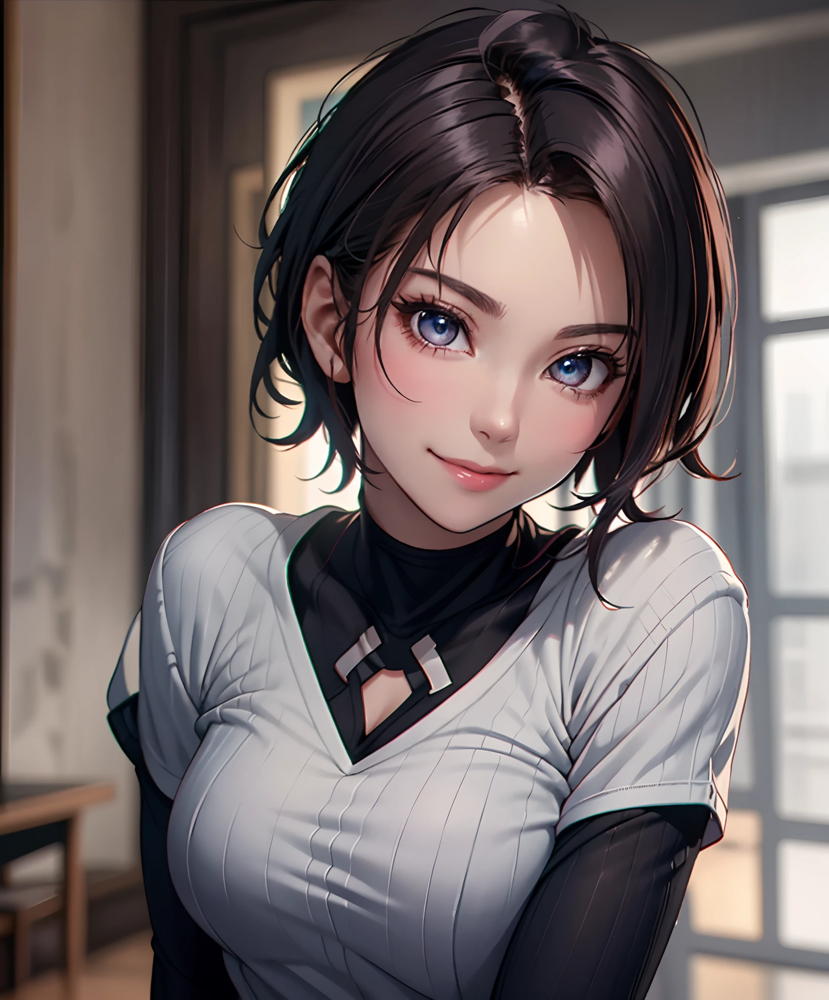 Best Quality, Ultra High Resolution, (Photorealistic: 1.4), Beautiful Eyes, Super Beautiful, Very Short Hair, Beautiful, Sweetheart, T-shirt with Rough Chest, Beautiful Soldier, Eyes That Invite Viewer, Lover's Perspective, Inviting Expression, Sexy Smile, Perfect Style, Perfect Balance, Detailed Skin, Naughty Gaze, Chest Visible