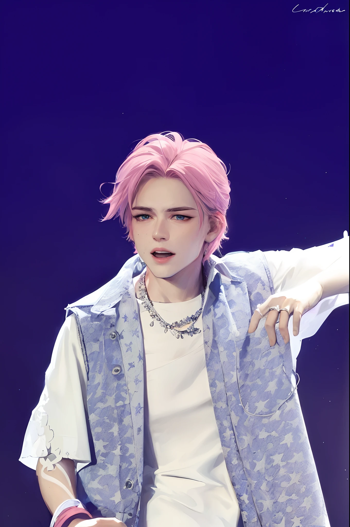 beautiful, masterpiece, best quality, hiqcgbody, anime, 1boy, sam yang, blue chocker, white dress, diadem, pink hair, blue eyes,middle parted bangs, portrait shot, looking at viewer, detailed rugged texture, lipstick, ultra detailed, summer, intricate details,