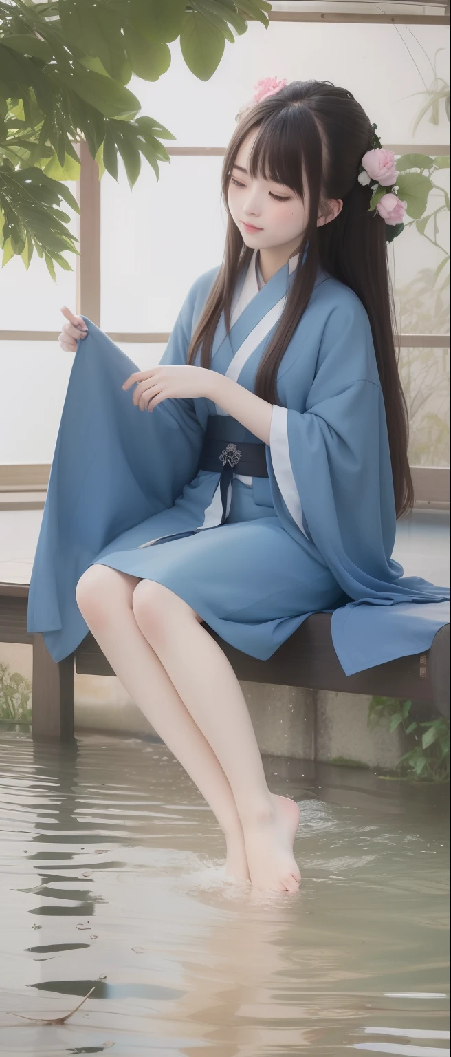 ((4k,masterpiece,best quality)), shuimobysim, Traditional chinese painting, lotuses, Hanfu, maxiskit, Dress conservatively 1girl, solo, blue long hair, ssmile, standing on your feet, Feet in the water, The barefoot,sitting on the classroom desk