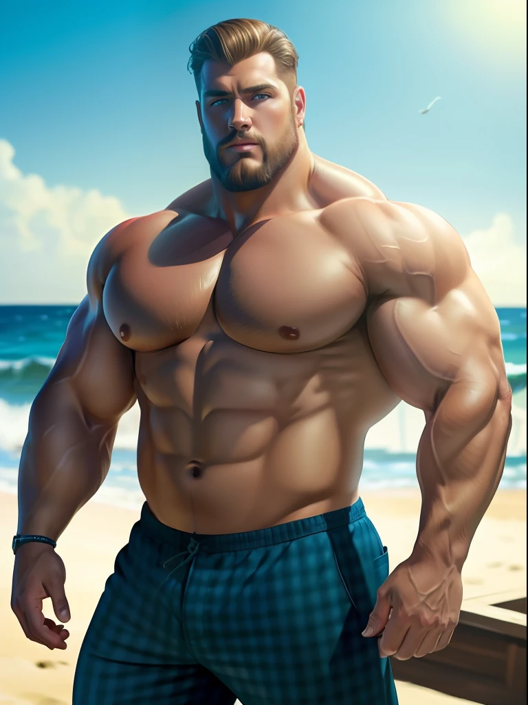 Masterpiece, a extremely realistic photo of an insanely handsome 50s attractive fisherman by the ocean, full body, big beefy man, ripped checkered, exposed body, raunchy, toned body, beach, summer, sunny, running, action scene, soft lighting, muscular, extremely charming, kind smirk, dimple, fishing tools, boats, fish by  Craig Mullins, Greg Rutkowski, painterly style, central composition, huge bulge, big hands, big feet, big nose, blonde hair, insanely handsome.