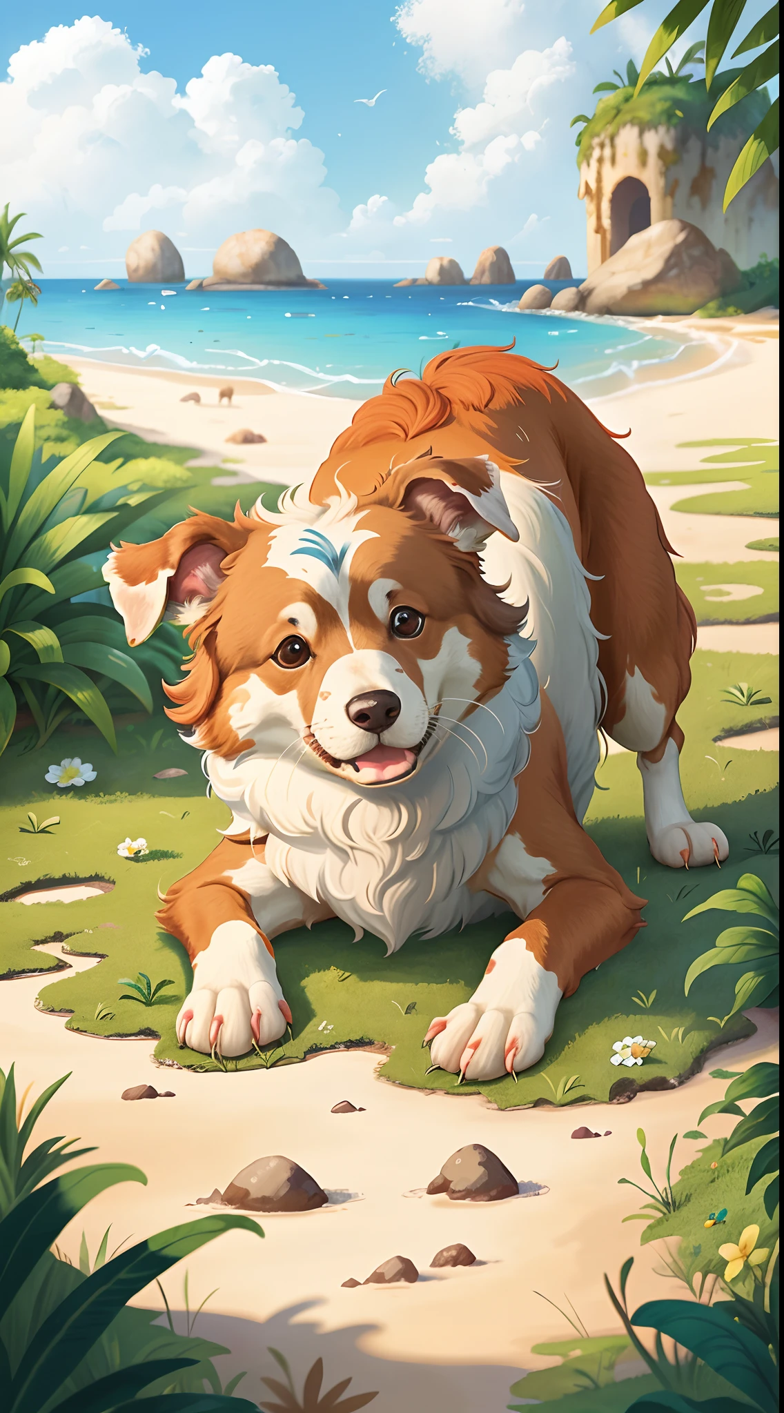 Beautiful landscapes on a paradise island . 1 white and brown border collie dog. muito feliz. qualidade perfeita, sem seres humanos . Foco claro (mess-house: 0.8), (obra-prima: 1.2) (realista: 1.2) (Bokeh) (melhor qualidade) (pele detalhada: 1.3) (detalhes intrincados) (8k) (olhos de detalhe) (foco nítido), (Feliz)