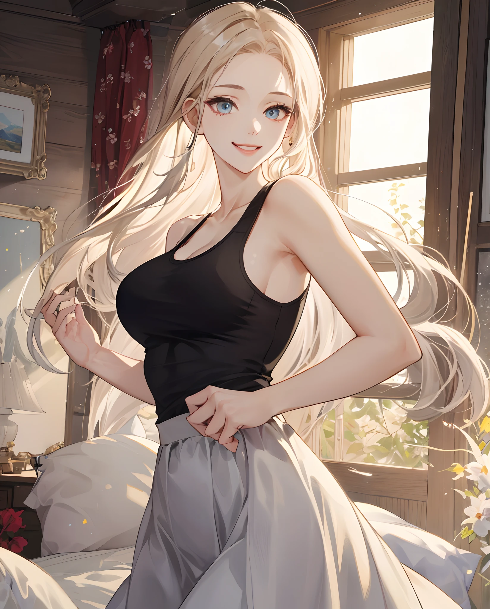 ((Best quality, 8k, Masterpiece :1.3)), 1girl, beautiful woman with emphasis on slender abs: 1.3, (long hair, big breasts: 1.2), oversized tank top: 1.2, ultra-delicate face, delicate eyes, double eyelids, smile, home