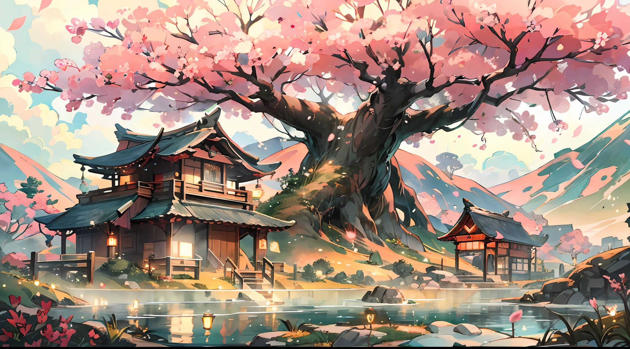(tmasterpiece、Best quality)A huge peach tree(Glowing spirit tree、Glowing balls)、illumination、Several thatched huts、springtime、jungles、lakes、grassy fields、Rochas、hot onsen、hydrosphere、surrounded by cloud,(illustratio:1.0)、Epic composition、Realistic lighting、high definition detail、tmasterpiece、Best quality,(非常详细的 CG 统一 8k 壁纸)