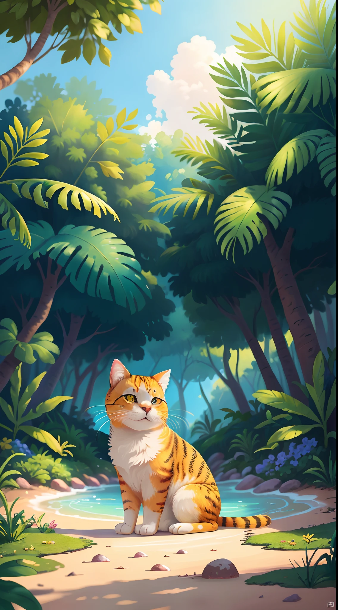 Beautiful landscapes on a paradise island , muita paisagem. 1 yellow cat with white spots looking at the camera. muito feliz. qualidade perfeita, sem seres humanos . Foco claro (mess-house: 0.8), (obra-prima: 1.2) (realista: 1.2) (Bokeh) (melhor qualidade) (pele detalhada: 1.3) (detalhes intrincados) (8k) (olhos de detalhe) (foco nítido), (Feliz)