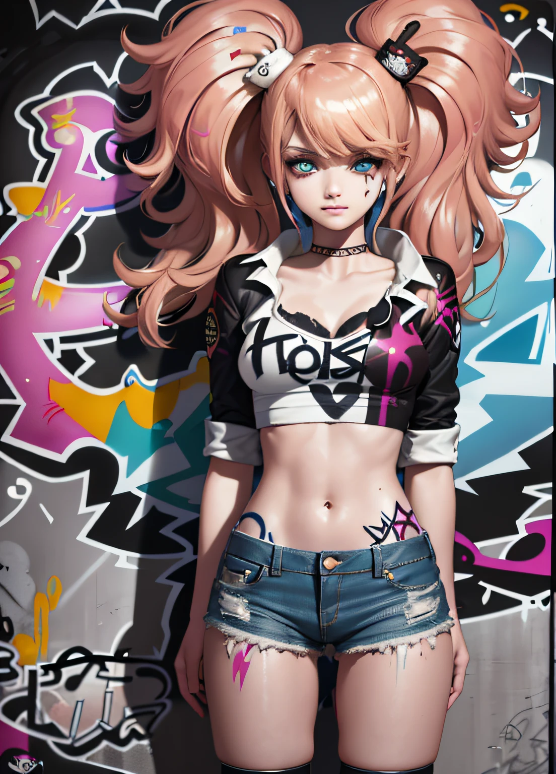 masterpiece, best quality, 1girl, solo, crop top, denim shorts, choker, (graffiti:1.5), paint splatter, arms behind back, against wall, looking at viewer, armband, thigh strap, paint on body, head tilt, bored, multicolored hair, aqua eyes, headset,