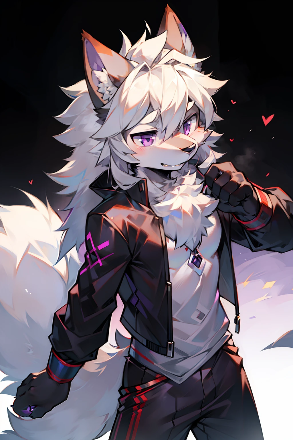 solo person,shaggy male,Furry,coyote,canid,Gray fur,long white hair,The ends of the hair are purple,a purple eye,Bullied,adolable,Handsome,stretched action