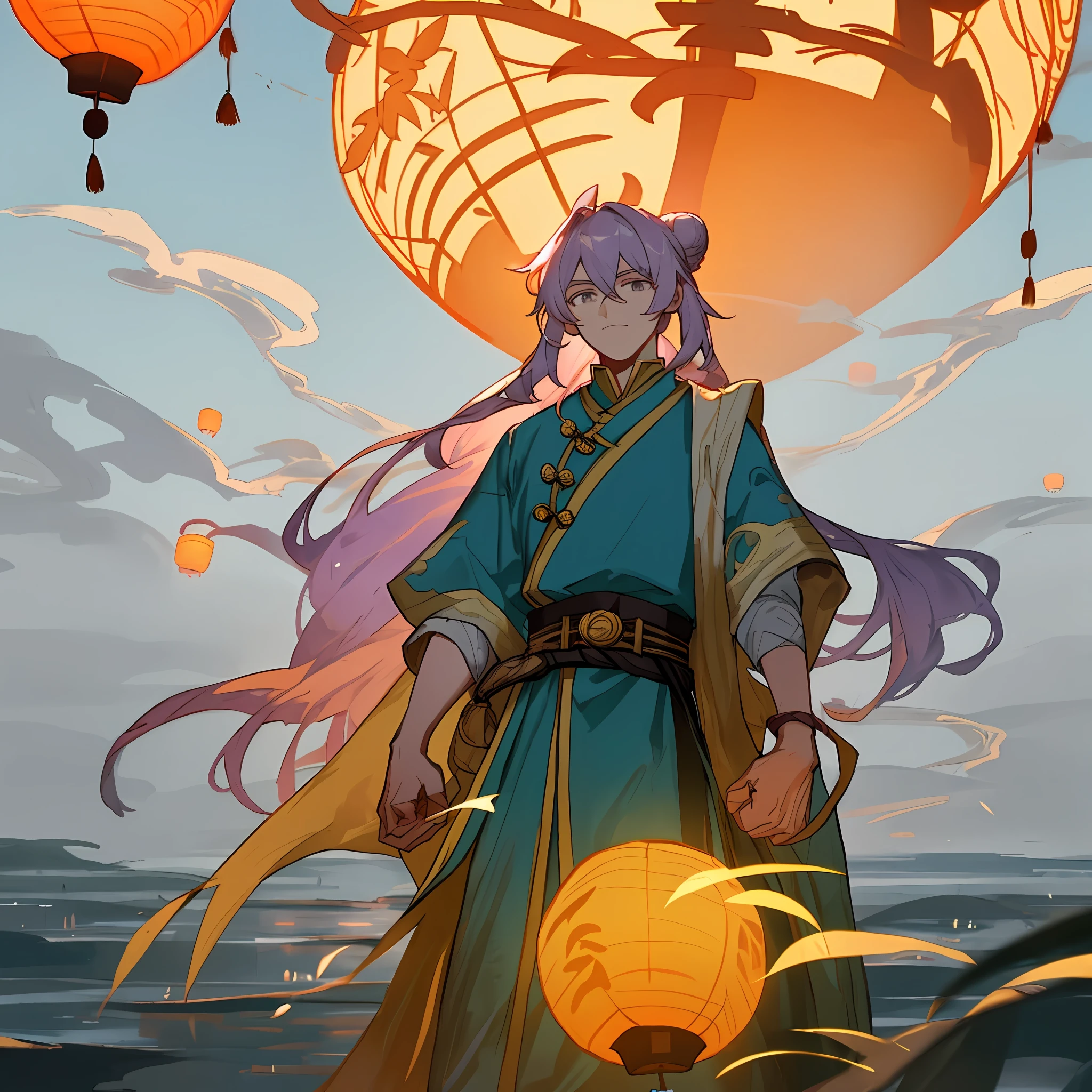Color male：The hem of the blue tunic was sporadic and the sprinkled gold was gently blown by the wind，A belt of dark gold at the waist，The long lilac hair is pulled into a bun with inky bamboo branches。A cold face and amorous peach blossom eyes，Standing in the high pavilion by the river and looking at the Kong Ming lanterns in the sky，The cold white hand bent its knuckles to block his eyes，There seemed to be a bottomless abyss in those misty gray eyes