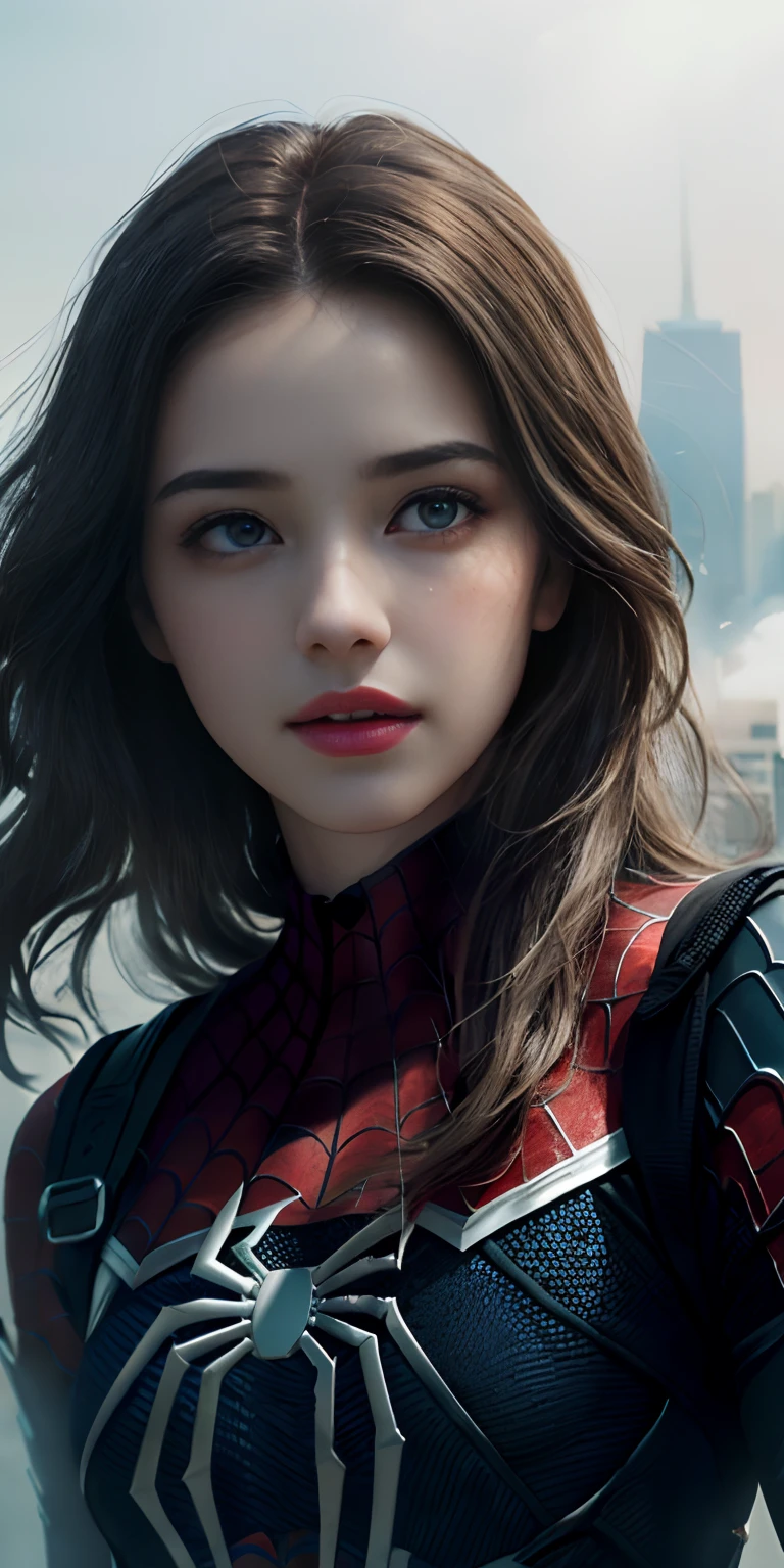 (1girl:1.3), Solo, (((Very detailed face)))), ((Very detailed eyes and face)))), Beautiful detail eyes, Body parts__, Official art, Unified 8k wallpaper, Super detailed, beautiful and beautiful, beautiful, masterpiece, best quality, original, masterpiece, super fine photo, best quality, super high resolution, realistic realism, sunlight, full body portrait, amazing beauty, dynamic pose, delicate face, vibrant eyes, (from the front), She wears Spider-Man suit, red and black color scheme, spider, very detailed city roof background, rooftop, overlooking the city, detailed face, detailed complex busy background, messy, gorgeous, milky white, highly detailed skin, realistic skin details, visible pores, clear focus, volumetric fog, 8k uhd, DSLR, high quality, film grain, fair skin, photo realism, lomography, futuristic dystopian megalopolis, translucent