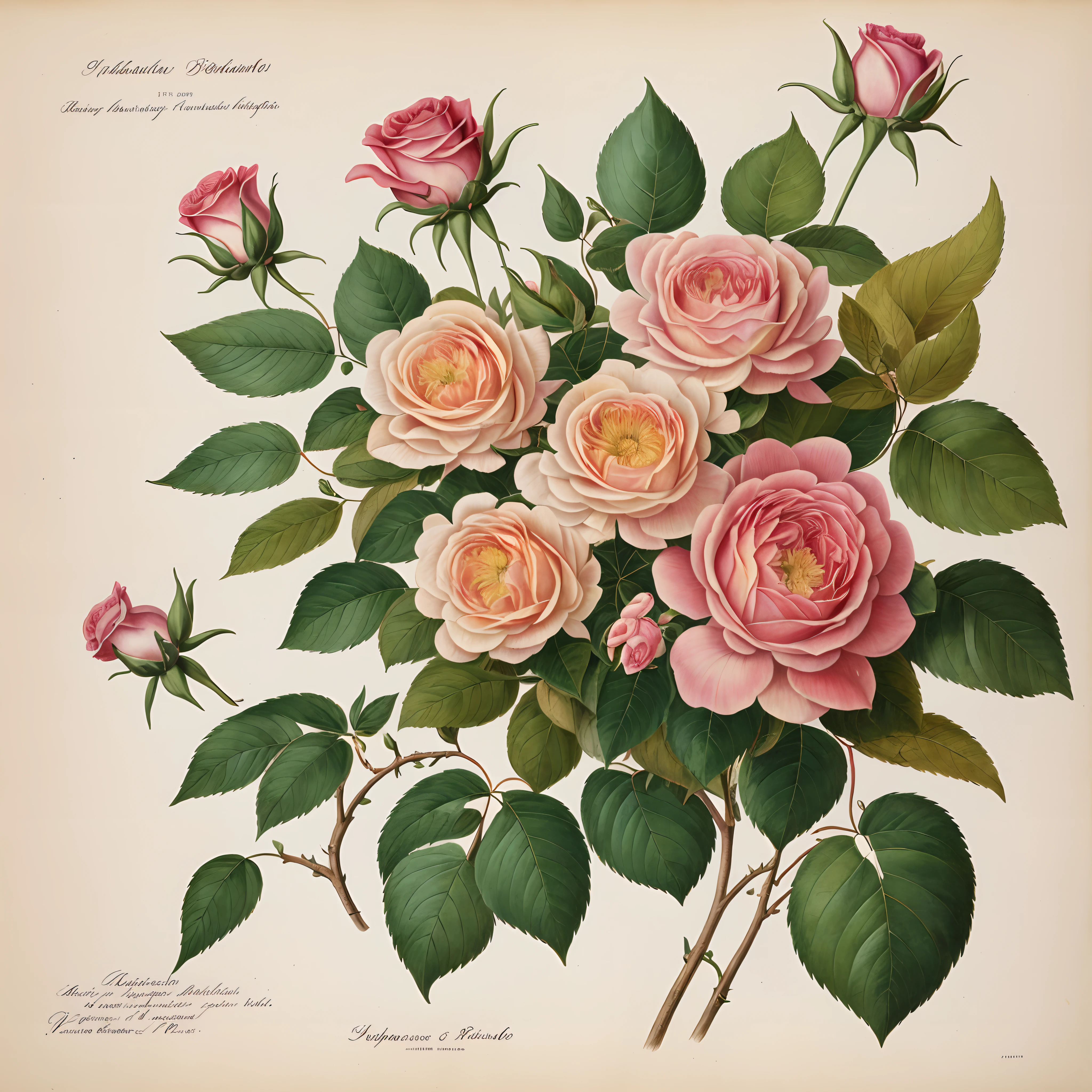 (best quality:1.2), (detailed:1.2), (masterpiece:1.2), vintage botanical illustrations of Larger Provence Rose (1770 1775) in high resolution by John Edwards