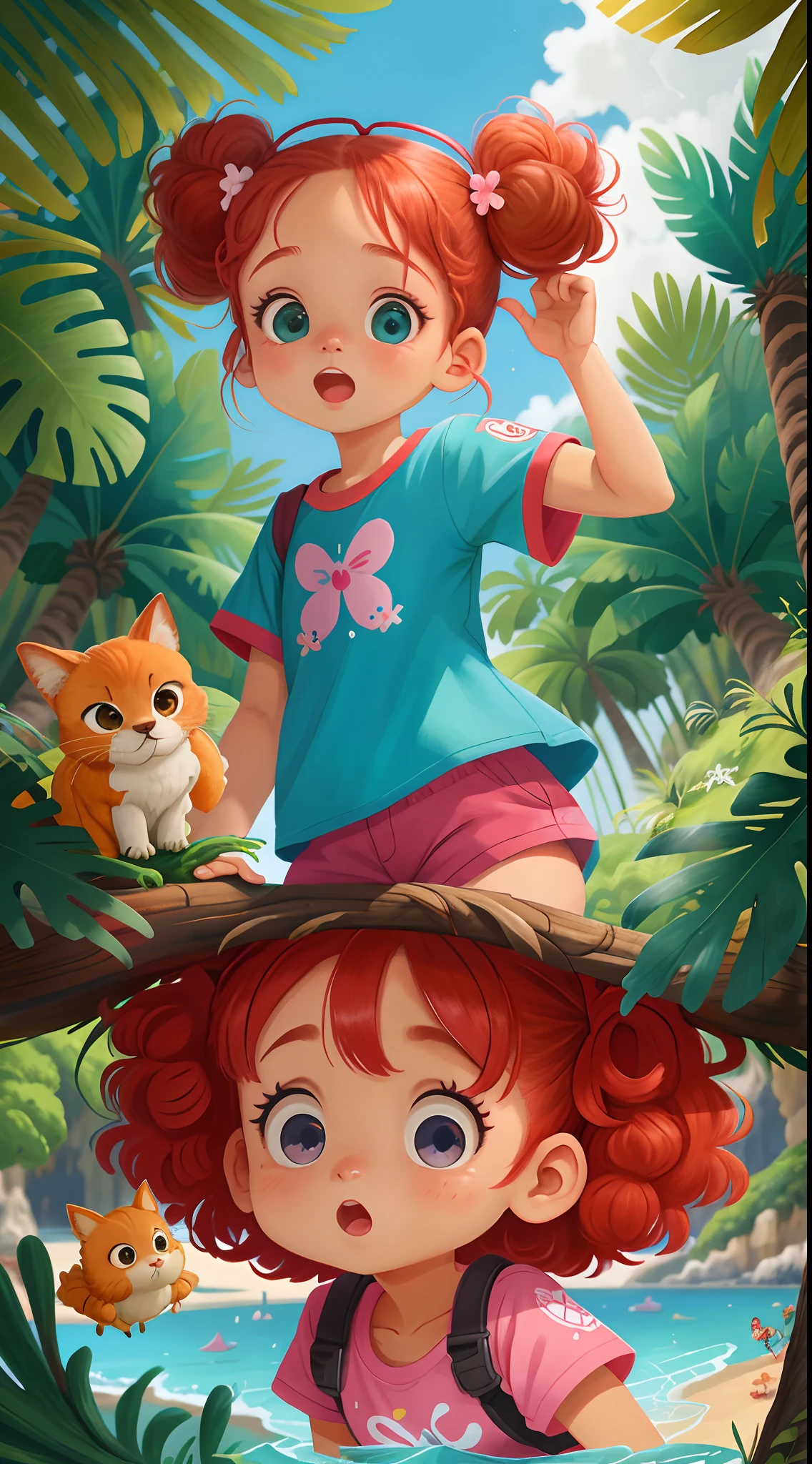 Menina 9 anos.. personagem para capa de ebook infantil. Curly and red hair up to the shoulder. Bow on pink head. Olhos castanhos e grandes. pele branca. mesmo personagem. usando short azul escuro e blusa amarela. Meia branca e sapato preto. various poses, mesmo personagem, on an island paradise, muitas praias, crystal water, Barcos, , felizes, felizes, de qualidade perfeita, menina de costas, lateralmente, Attracted, lateralmente, lado a lado, fisionomia diferente da face. Foco claro .feliz, feliz, qualidade perfeita, foco claro (mess-house: 0.8), (obra-prima: 1.2) (realista: 1.2) (bokeh) (melhor qualidade) (pele detalhada: 1.3) (detalhes intrincados) (8K) (olhos de detalhe) (foco nítido), (feliz)