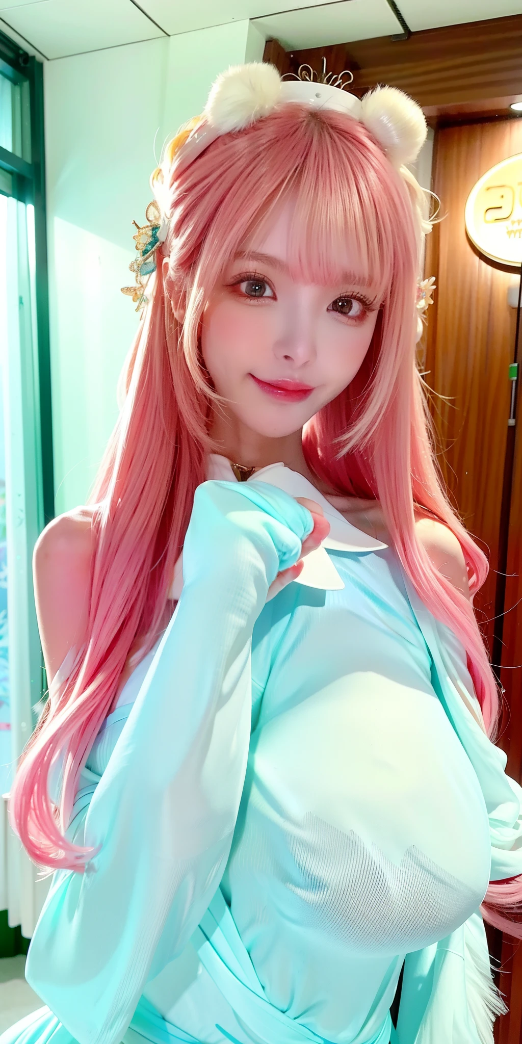 (8K, 4K, Best quality, A high resolution:1.2), (marsterpiece, Realistic, photograph realistic:1.37), 1girll, Solo, Beautiful face, eyeslashes, nase, Glossy lips, (Detailed eyes, view the viewer, Fair skin, White skin:1.5), fine complexion, Mechanical lower body,
Large breasts, Busty, , (:1.5),
morgue,
two sides up, Absurdly long hair, Blonde hair, Pink hair, bangs, hair adornments, bow,
Younger, aged down,