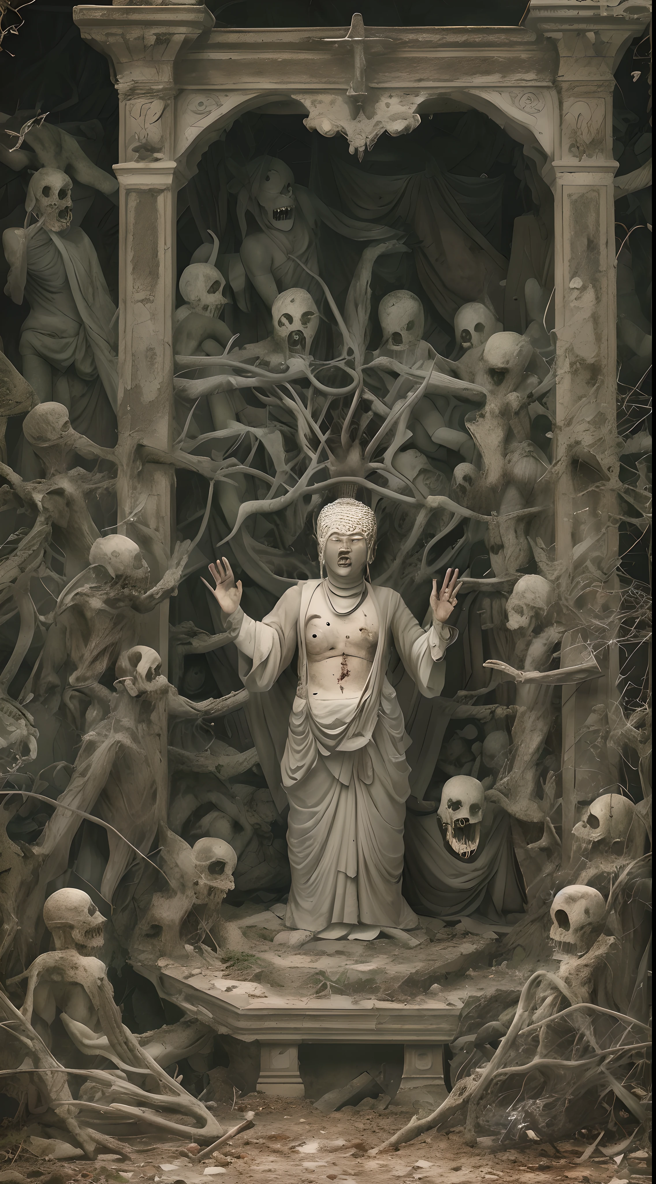 In a terrifying landscape deep in an abandoned village、There is an altar enshrined with an impromptu Buddha that gives off a creepy feeling.。Around the altar、Trees with eerie and distorted shapes々Overgrown、Its shadow creates a terrifying atmosphere。On the altar、Parts of human remains based on the Callivanist faith are enshrined.、The internal organs are exposed.、The strange figure is as if it came from hell。The worshippers of the altar、Worship the body with eyes full of madness、Their expressions reflect deep madness and sadistic amusement。With high resolution picture、The eerie smile and terrible state are realistically depicted.。This sight is、Callivanism faith and horror、A crazy world with psycho elements、Expressed by live-action ultra-high-quality images