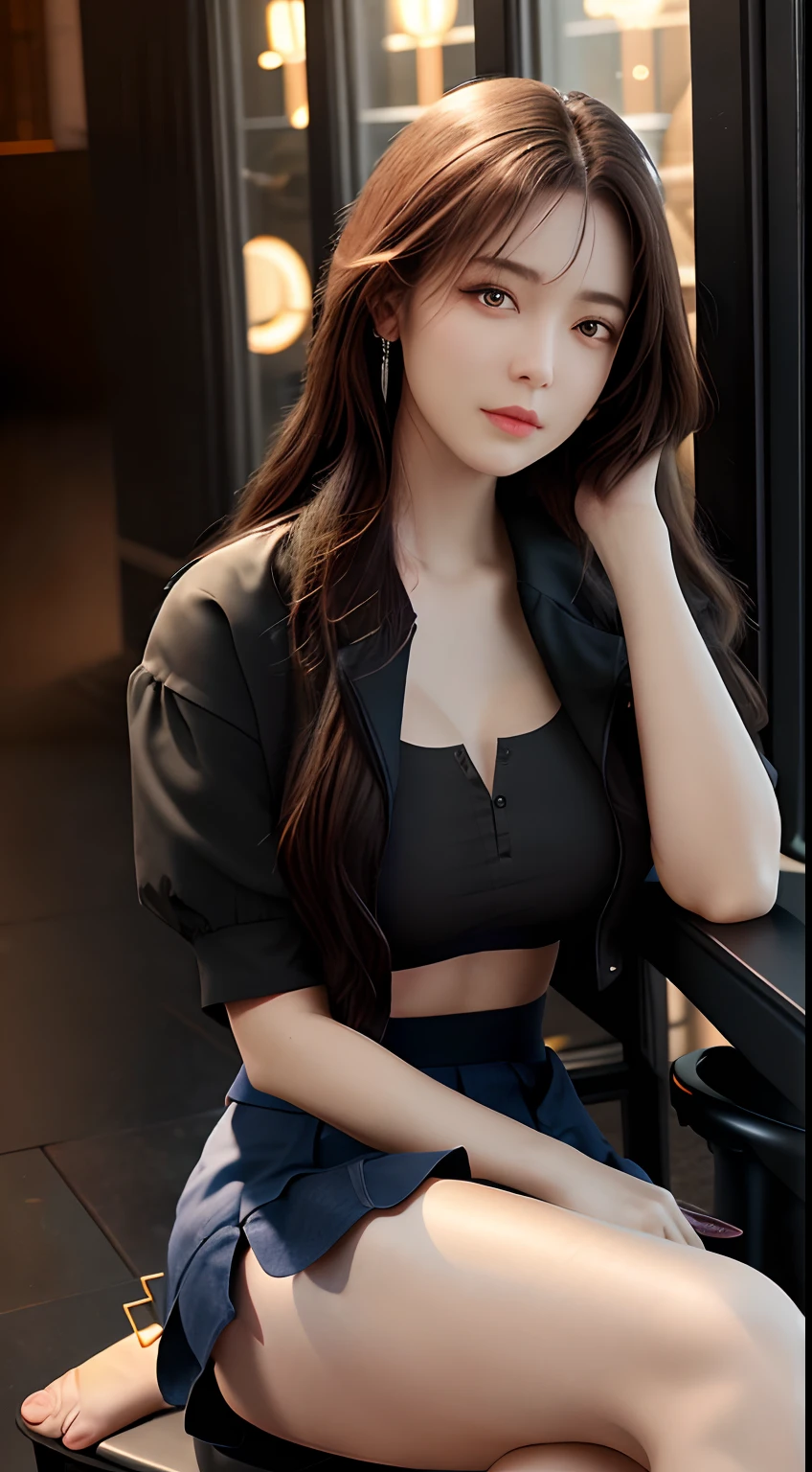 best quality, masterpiece, 1 girl, beautiful face, (photo photo:1.3), edge lighting, (high detail skin:1.2), 8k ultra hd, dslr camera, high quality, high resolution, 4k, 8k, bokeh, absurd, best ratio four fingers and one thumb, (realistic:1.3), cute 1girl, , medium breasts, short skirt,
