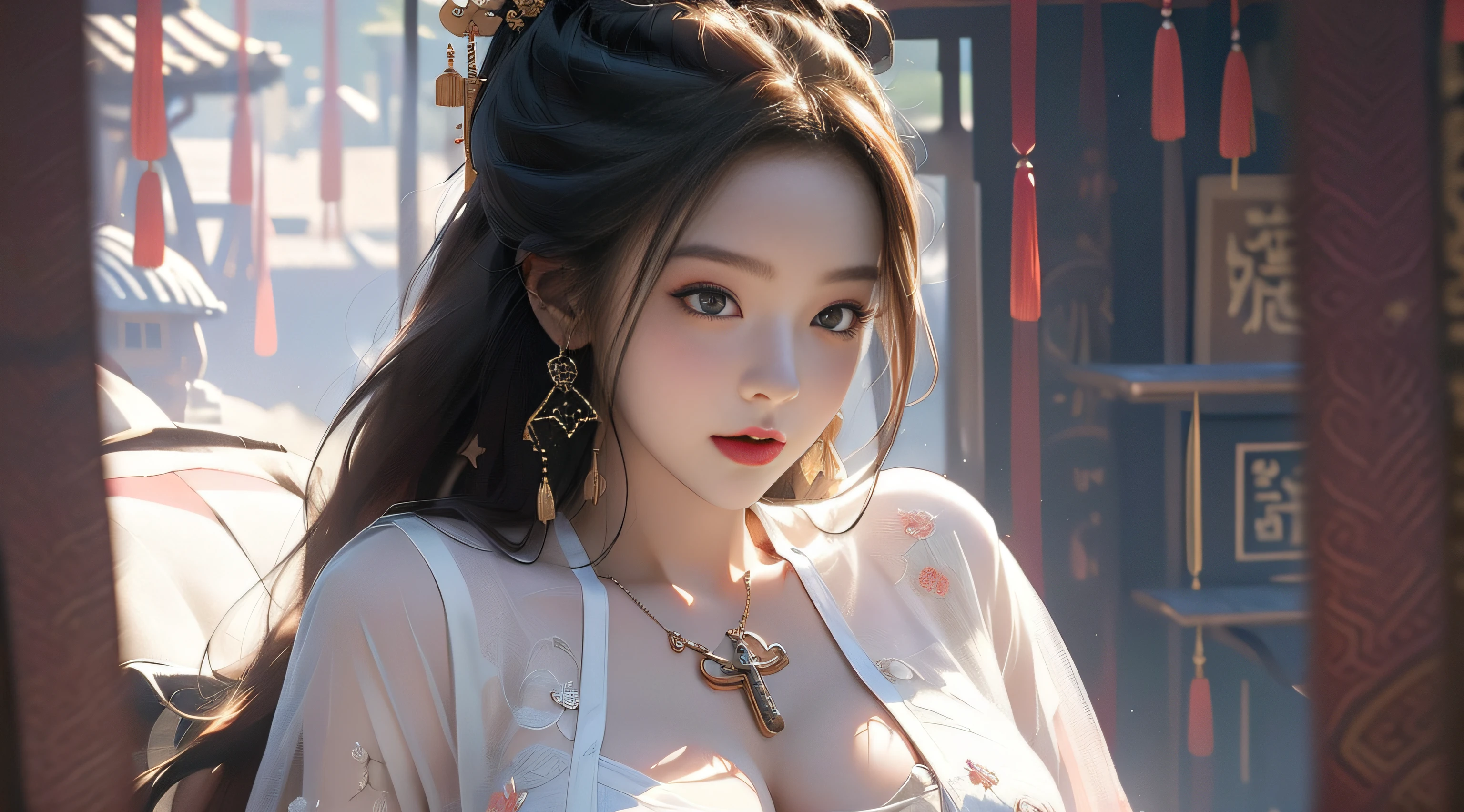 finedetail,Best quality(Masterpiece:1.4),(Best quality:1.4)(master piece:1.2,high high quality),(Pisif:1.4),Song Dynasty gong strokes,Huge breasts,Open your clothes,see-through transparent clothes,exposing her chest