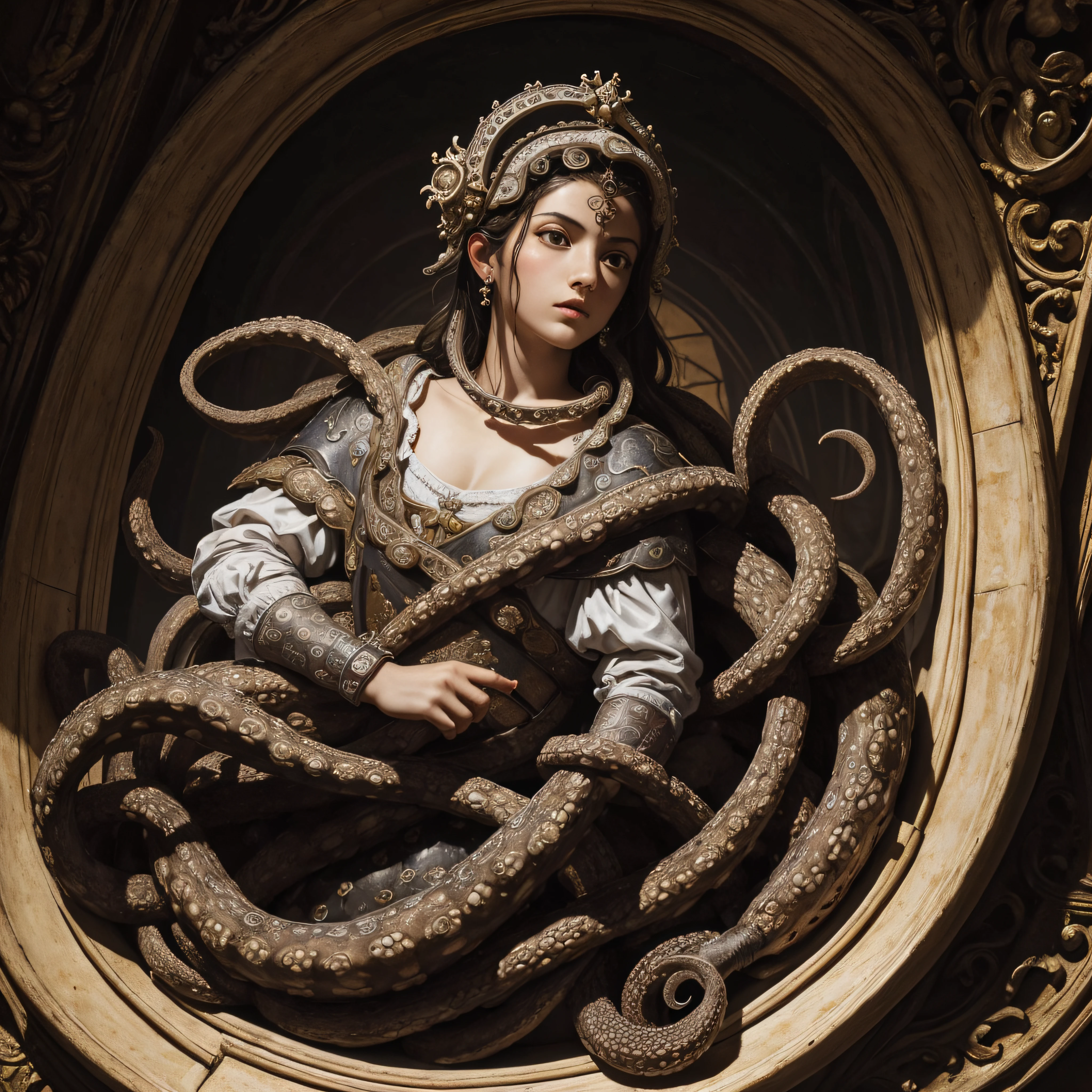 (extremadamente detallado, obra maestra, La mejor calidad), Estilo oscuro, intense illumination. templario. armadura medieval, rostro con arrugas, lengua larga, tentacle, deforme, imagen submarina, pico de pulpo amenazante. manchas de tinta. Rococo composition. Luz de caravaggio