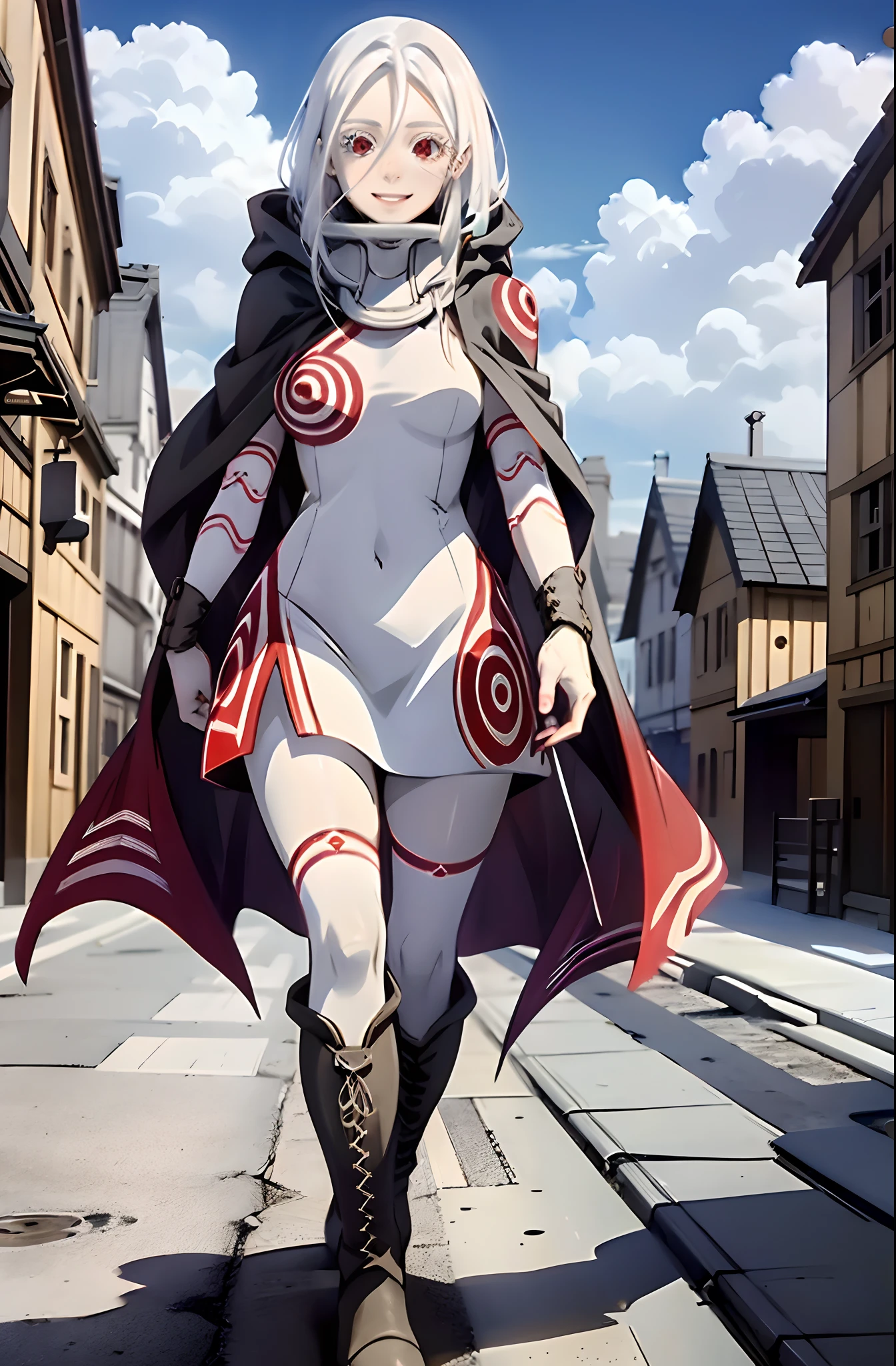 shiro /(deadman_wonderland/), cute, (standing:1.2), (white hair:1.2), (red eyes:1.3), crazy face, crazy eyes, pale skin,, cloak, boots, smile, walking village medieval europe, dress